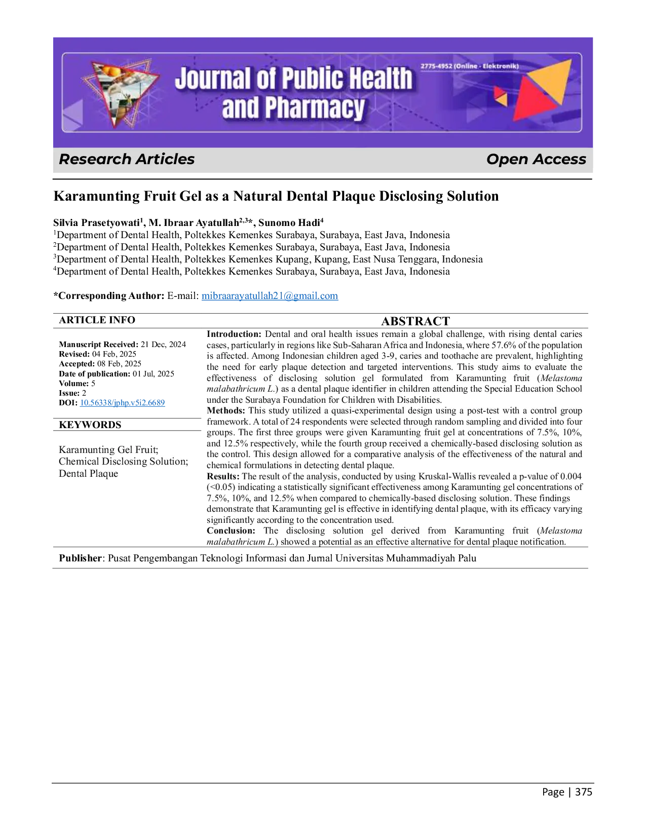 JURIS Karamunting Fruit Gel as a Natural Dental Plaque Disclosing Solution