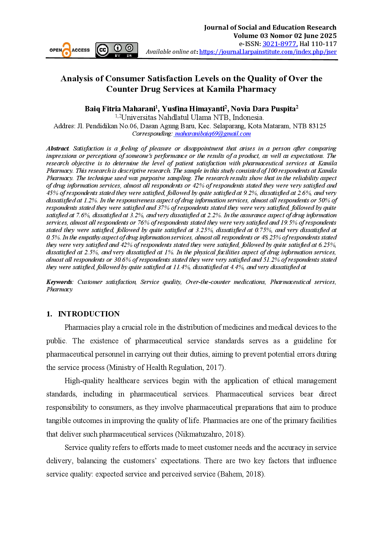 juris Analysis of Consumer Satisfaction Levels on the Quality of Over the Counter Drug Services at Kamila Pharmacy