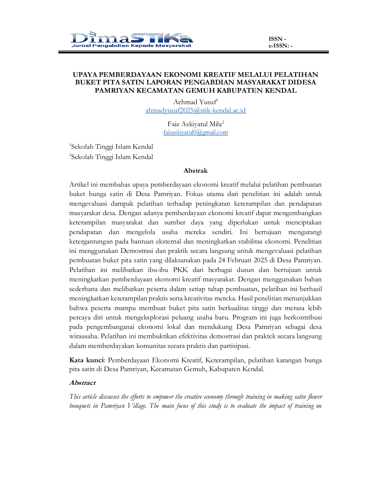 JURIS Upaya Pemberdayaan Ekonomi Kreatif Melalui Pelatihan Buket Pita Satin Laporan Pengabdian Masyarakat Di Desa Pamriyan Kecamatan Gemuh Kabupaten Kendal