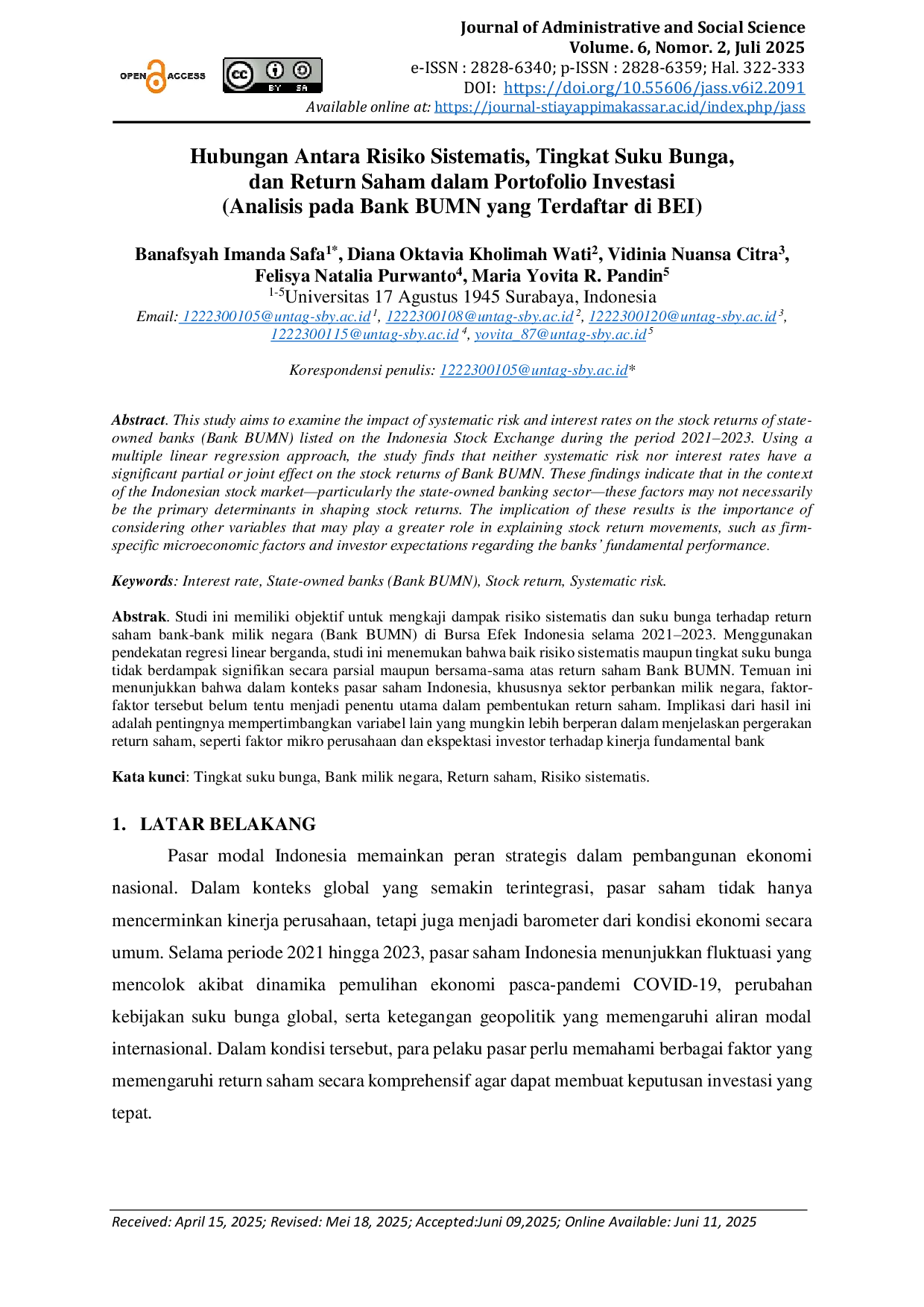 JURIS Hubungan Antara Risiko Sistematis Tingkat Suku Bunga dan Return Saham dalam Portofolio Investasi Analisis pada Bank BUMN yang Terdaftar di BEI