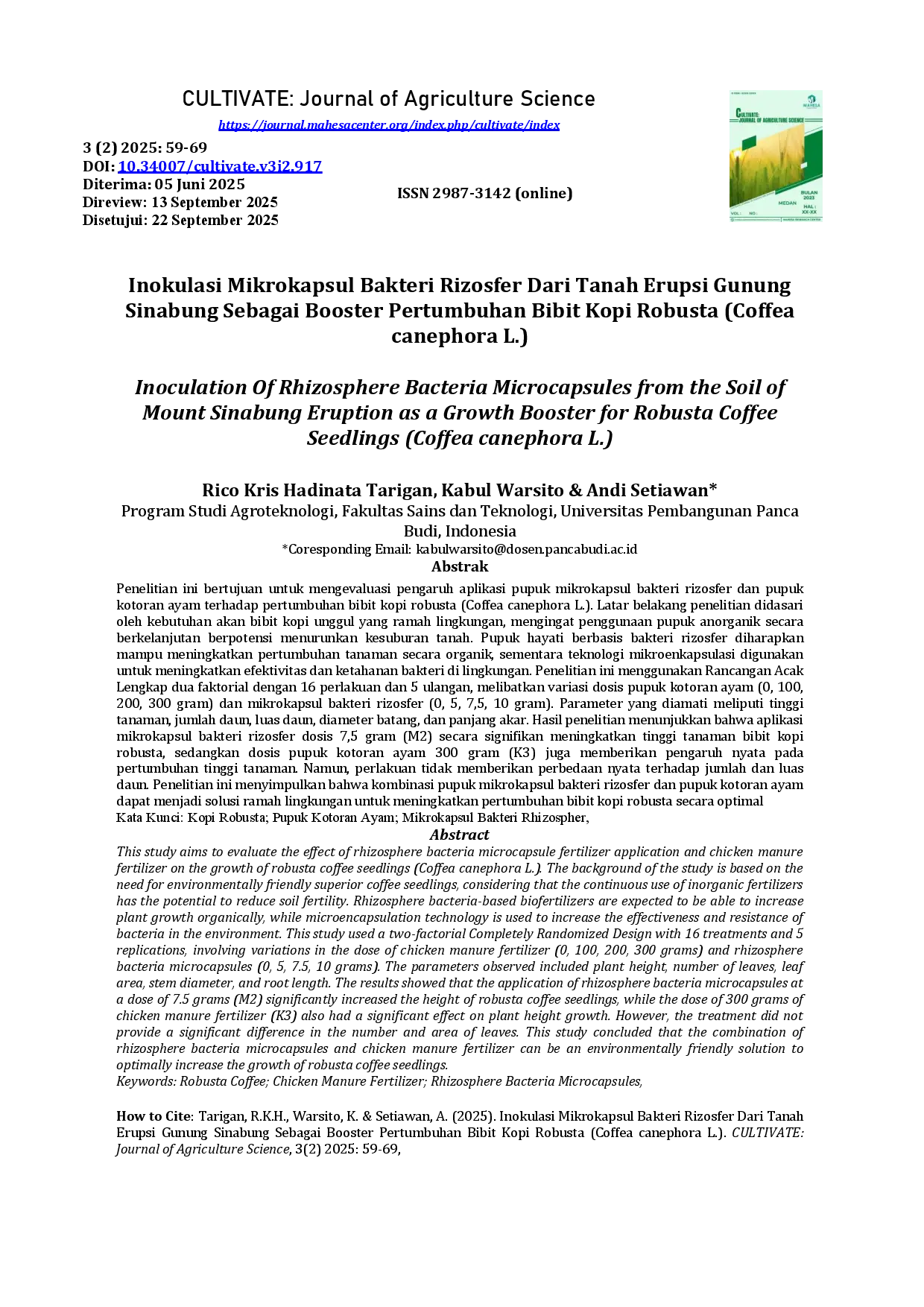 juris Inokulasi Mikrokapsul Bakteri Rizosfer Dari Tanah Erupsi Gunung Sinabung Sebagai Booster Pertumbuhan Bibit Kopi Robusta Coffea canephora L