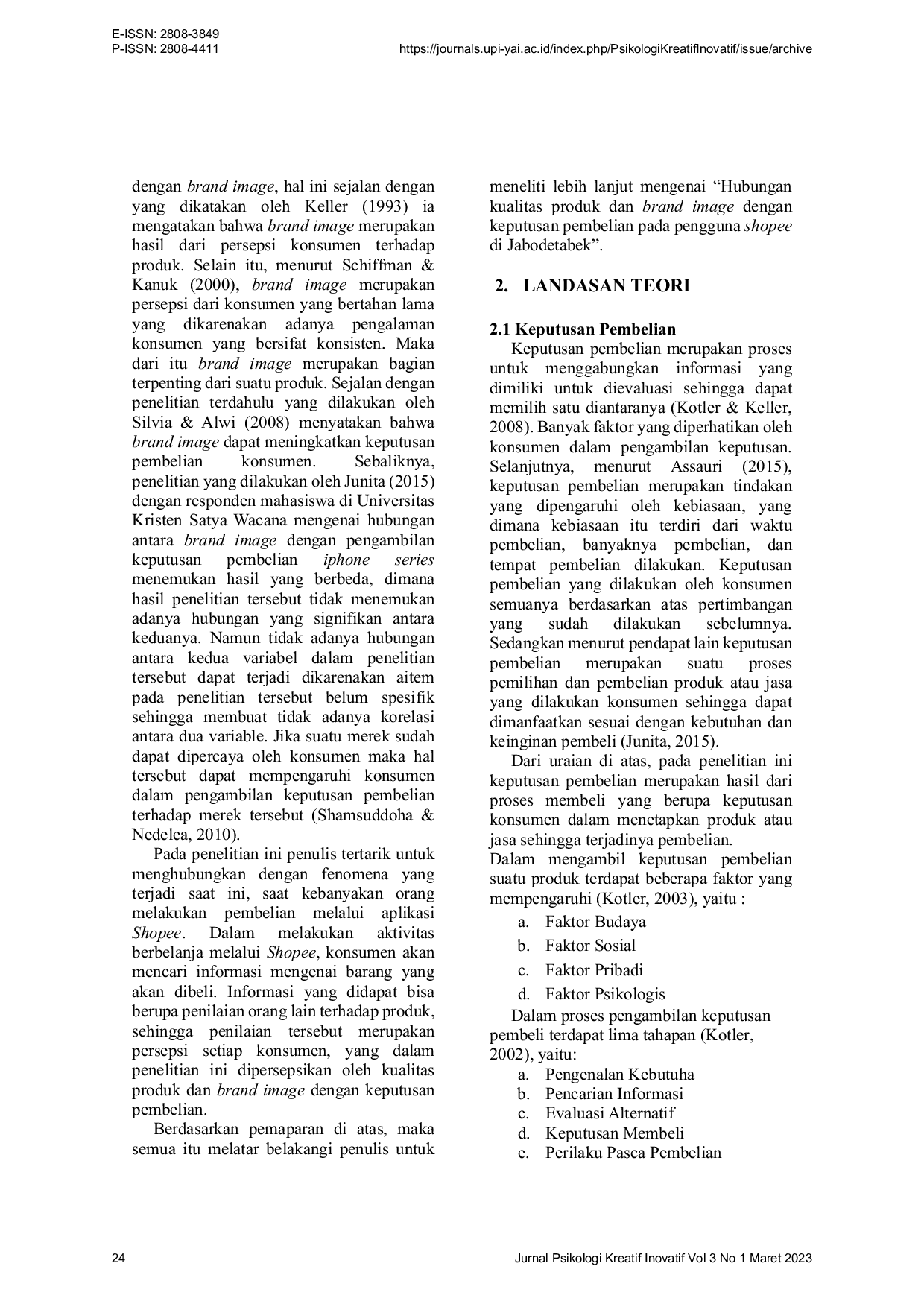 JURIS Hubungan Kualitas Produk dan Brand Image dengan Keputusan Pembelian pada Pengguna Shopee Di Jabodetabek