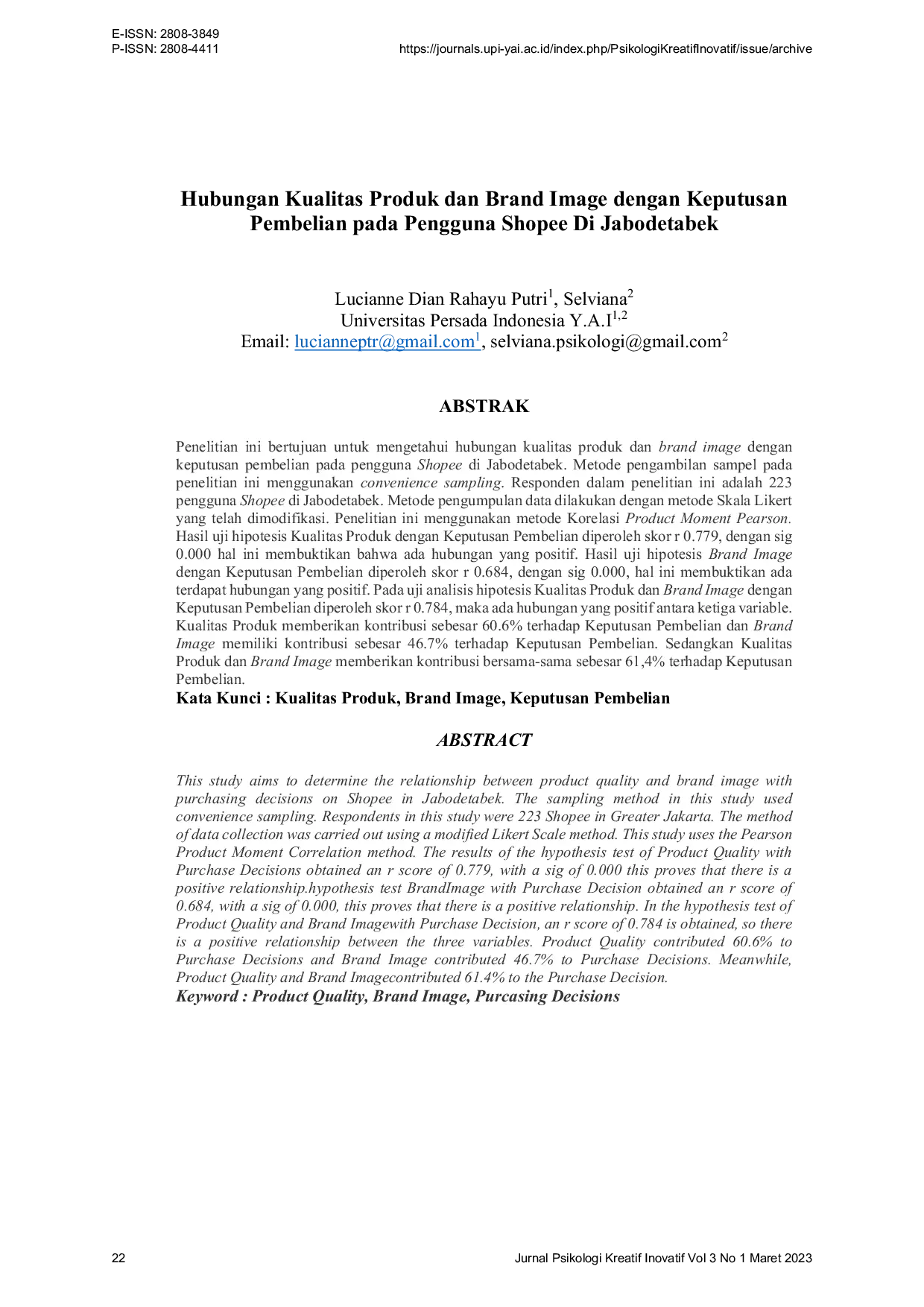 JURIS Hubungan Kualitas Produk dan Brand Image dengan Keputusan Pembelian pada Pengguna Shopee Di Jabodetabek