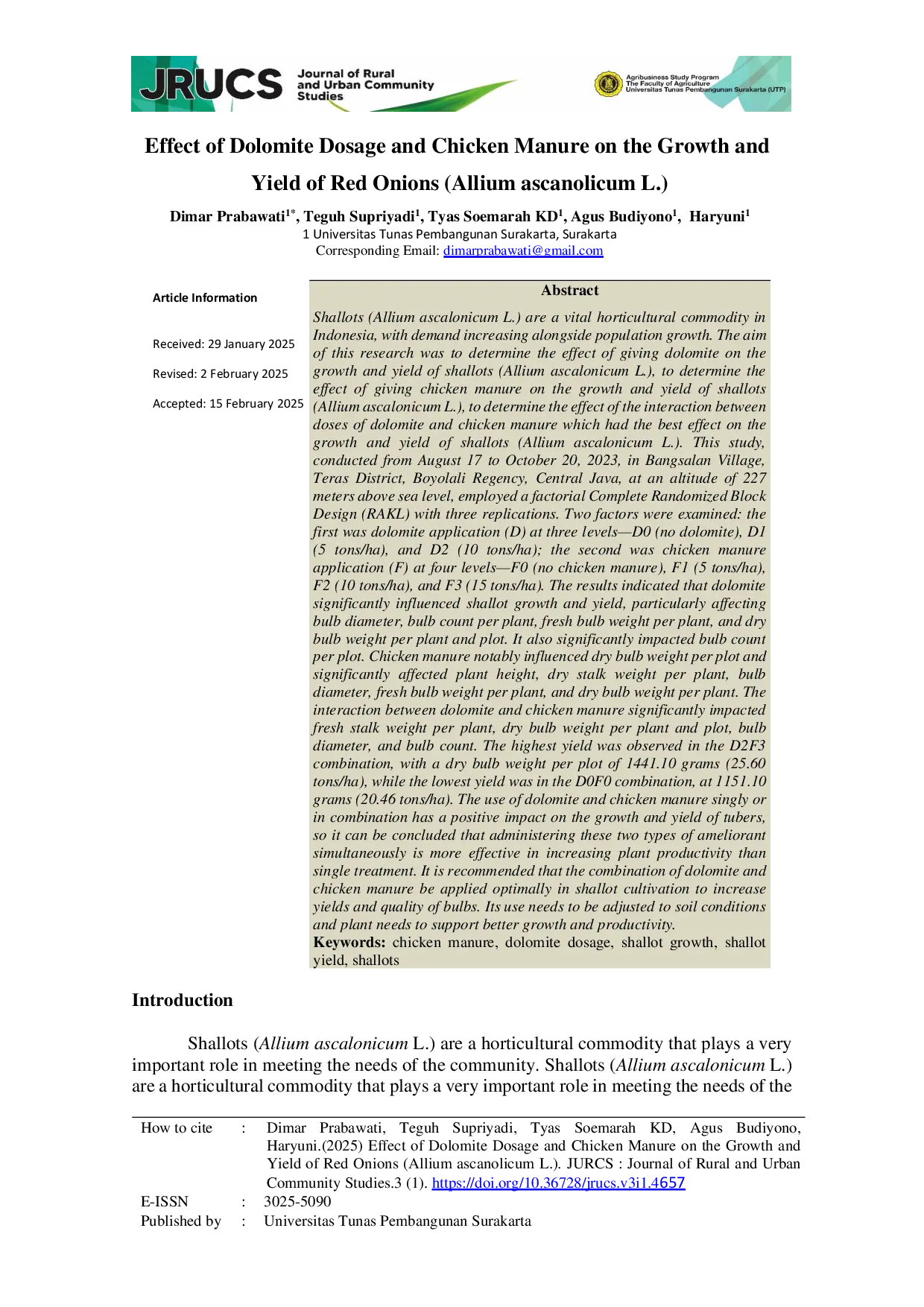 JURIS Effect of Dolomite Dosage and Chicken Manure on the Growth and Yield of Red Onions Allium ascanolicum L