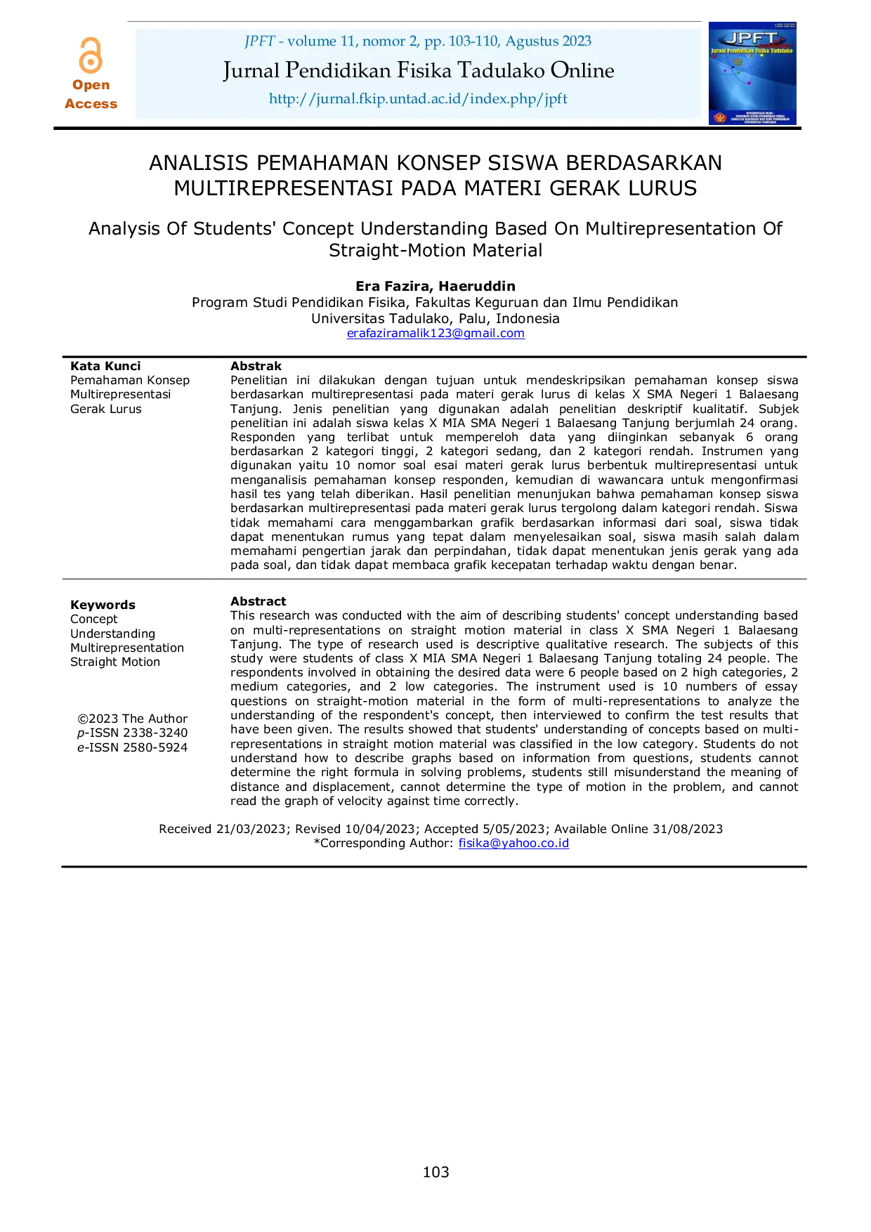 JURIS Analisis Pemahaman Konsep Siswa Berdasarkan Multirepresentasi Pada Materi Gerak Lurus Analysis Of Students Concept Understanding Based On Multirepresentation Of Straight Motion Material