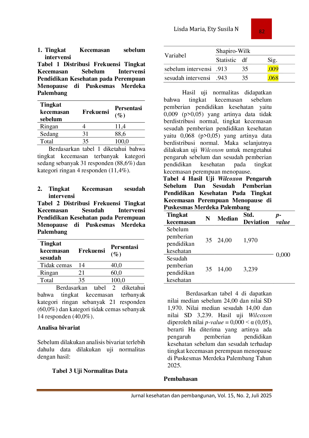 JURIS Pengaruh Pendidikan Kesehatan Perempuan Menopause Terhadap Tingkat Kecemasan Di Wilayah Kerja Puskesmas Merdeka Palembang