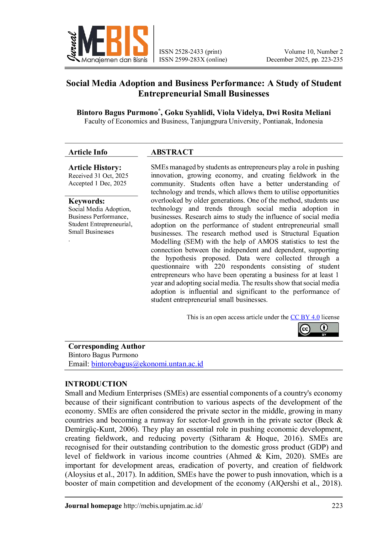 JURIS Social Media Adoption and Business Performance A Study of Student Entrepreneurial Small Businesses