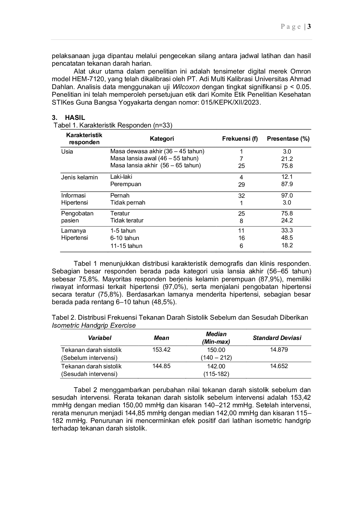 JURIS Pengaruh Isometric Handgrip Exercise terhadap Tekanan Darah pada Penderita Hipertensi di Padukuhan Papringan Catur Tunggal Depok Sleman Yogyakarta
