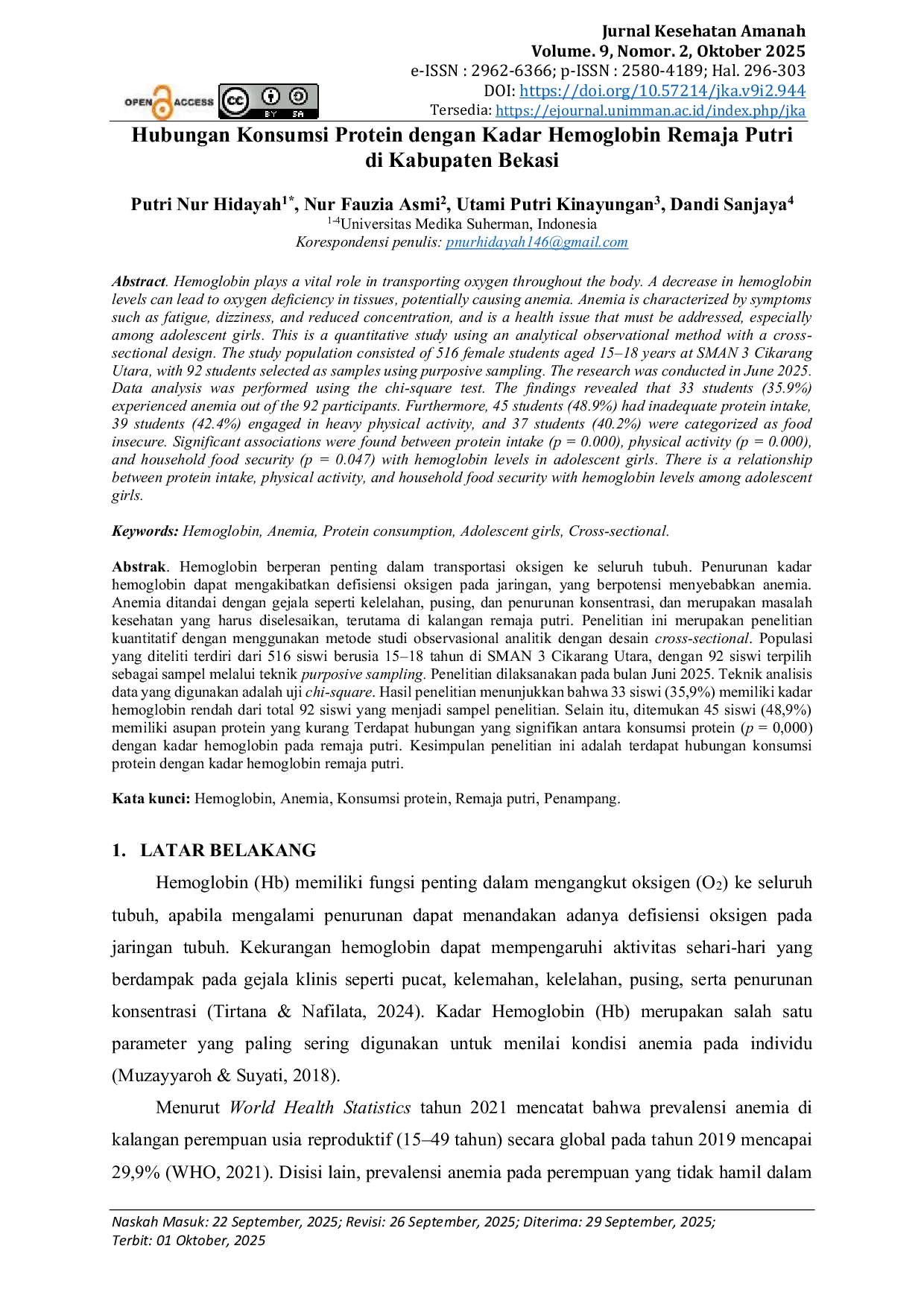 JURIS Hubungan Konsumsi Protein dengan Kadar Hemoglobin Remaja Putri di Kabupaten Bekasi