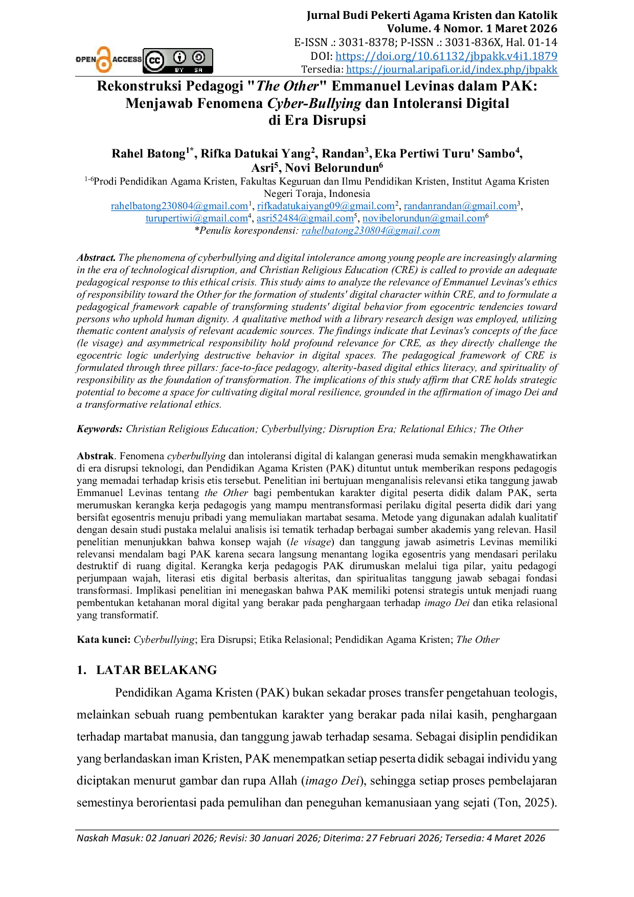 JURIS Rekonstruksi Pedagogi The Other Emmanuel Levinas dalam PAK Menjawab Fenomena Cyber Bullying dan Intoleransi Digital di Era Disrupsi