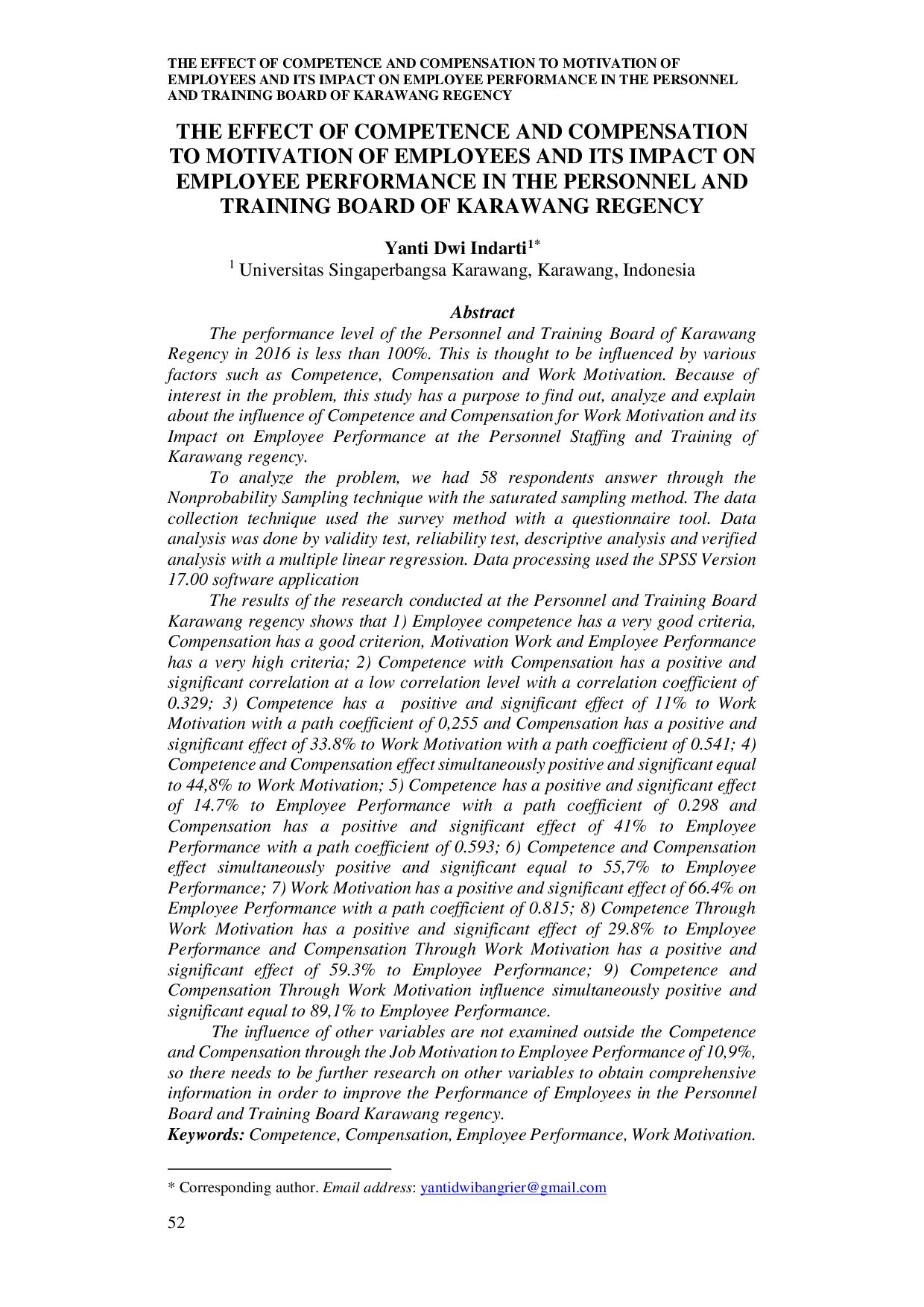 juris Pengaruh Kompetensi Dan Kompensasi Terhadap Motivasi Karyawan Dan Dampaknya Terhadap Kinerja Karyawan Di Badan Kepegawaian Dan Diklat Kabupaten Karawang