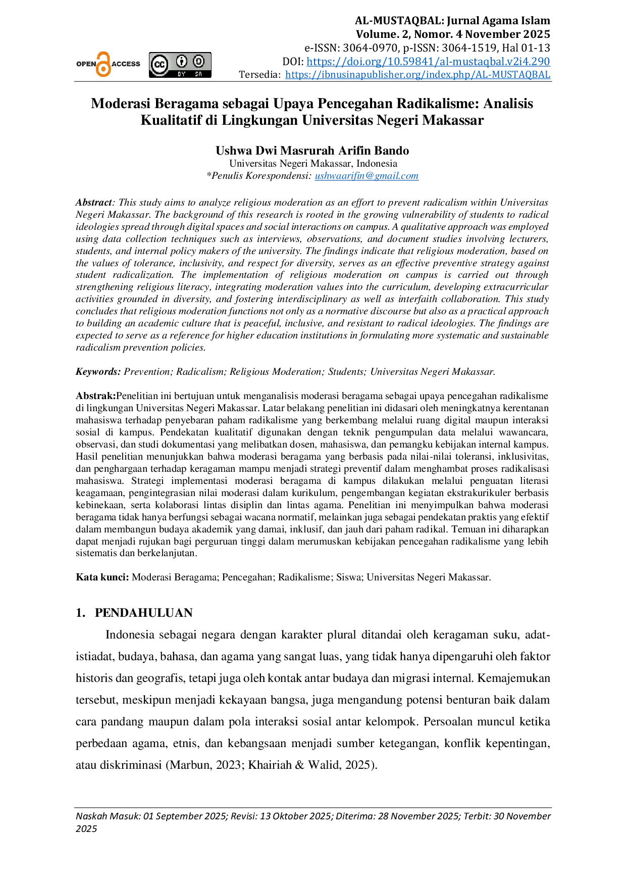 JURIS Moderasi Beragama sebagai Upaya Pencegahan Radikalisme Analisis Kualitatif di Lingkungan Universitas Negeri Makassar