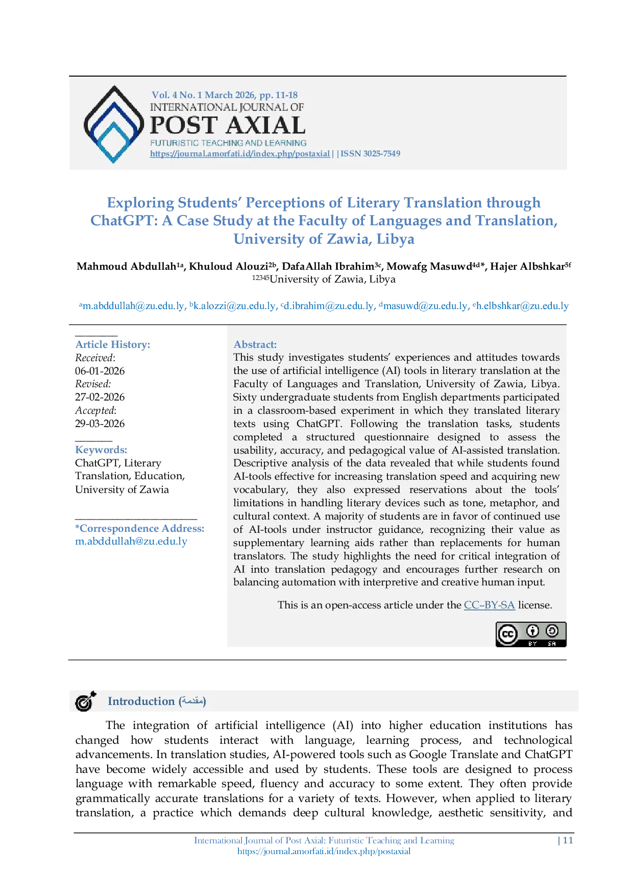 JURIS Exploring Students Perceptions of Literary Translation through ChatGPT A Case Study at the Faculty of Languages and Translation University of Zawia Libya