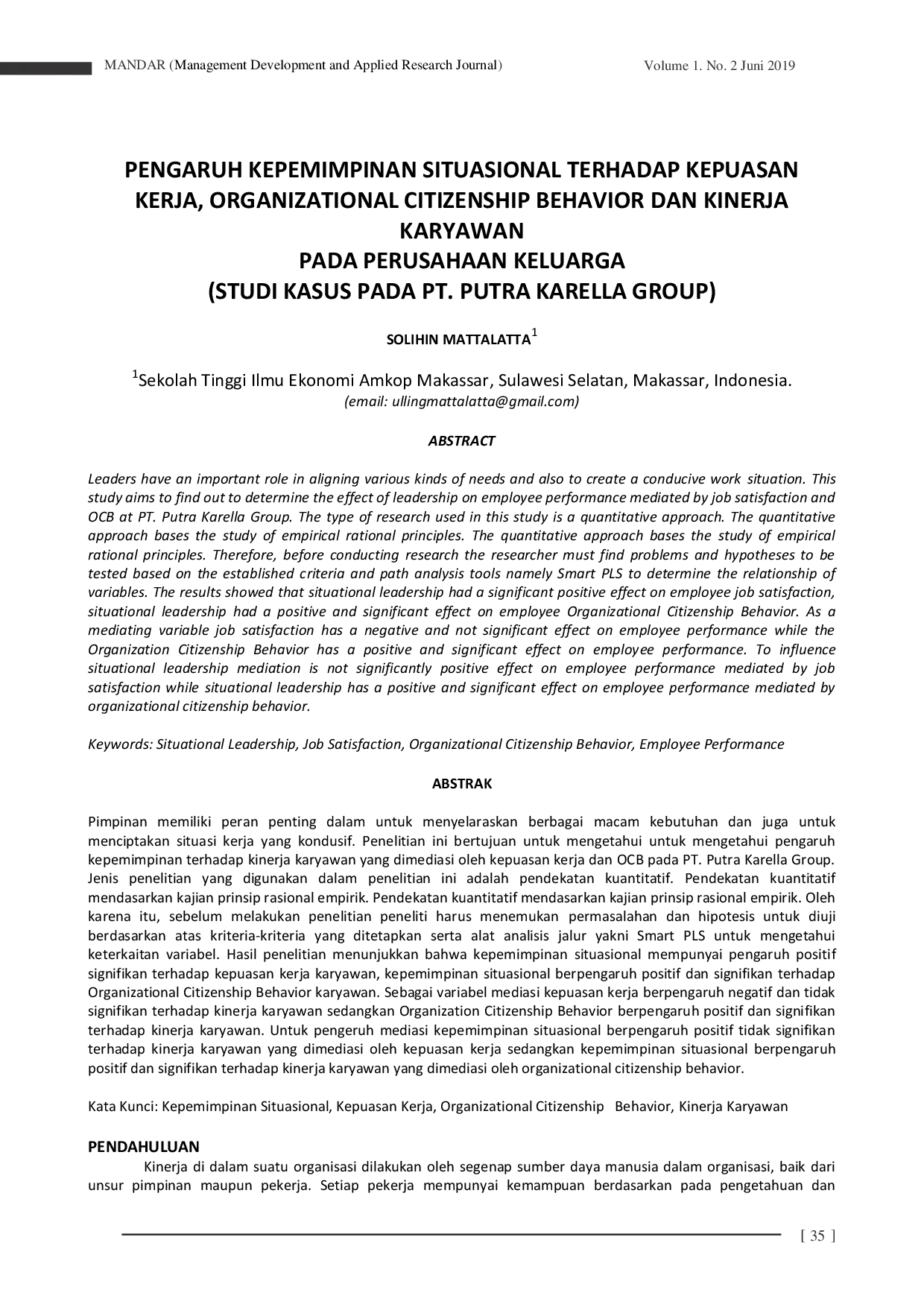 JURIS Pengaruh Kepemimpinan Situasional Terhadap Kepuasan Kerja Organizational Citizenship Behavior dan Kinerja Karyawan Pada Perusahaan Keluarga Studi Kasus Pada PT Putra Karella Group