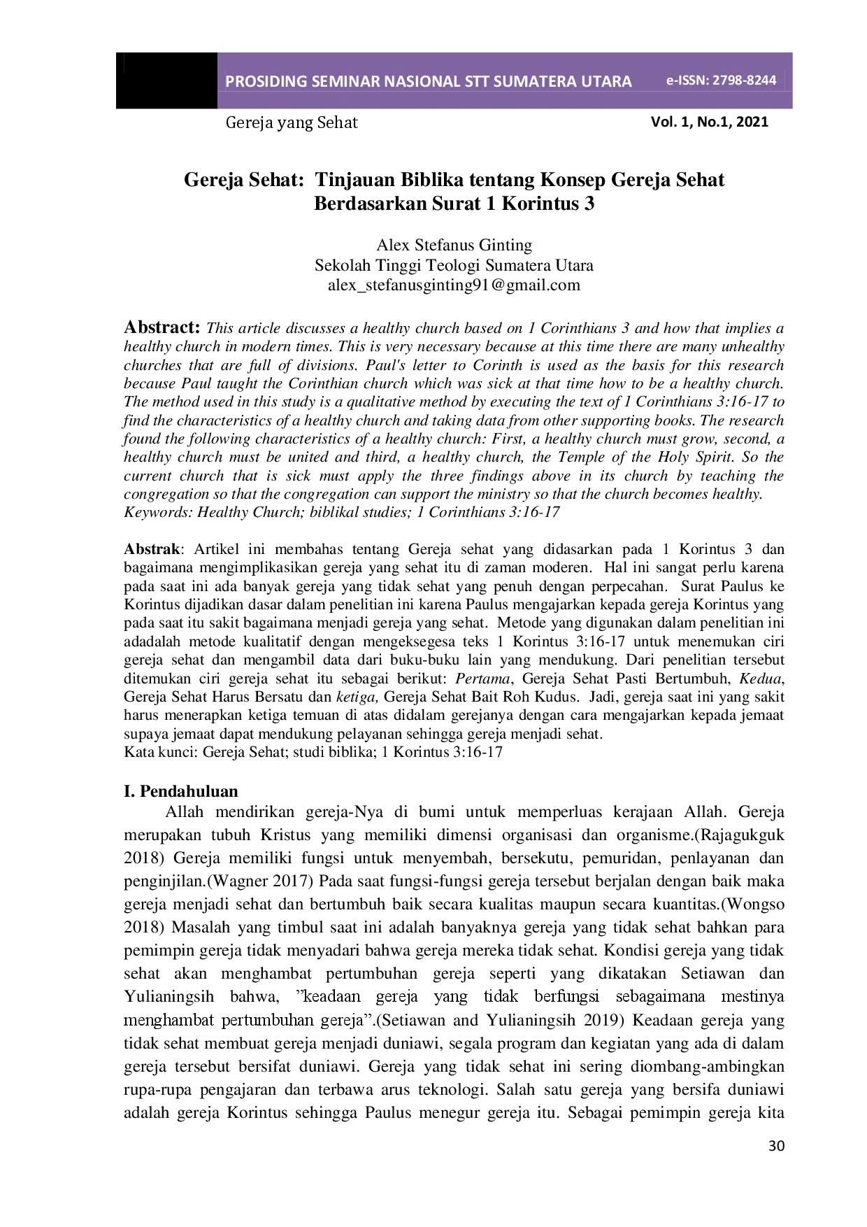 juris Gereja Sehat Tinjauan Biblika tentang Konsep Gereja Sehat Berdasarkan Surat 1 Korintus 3