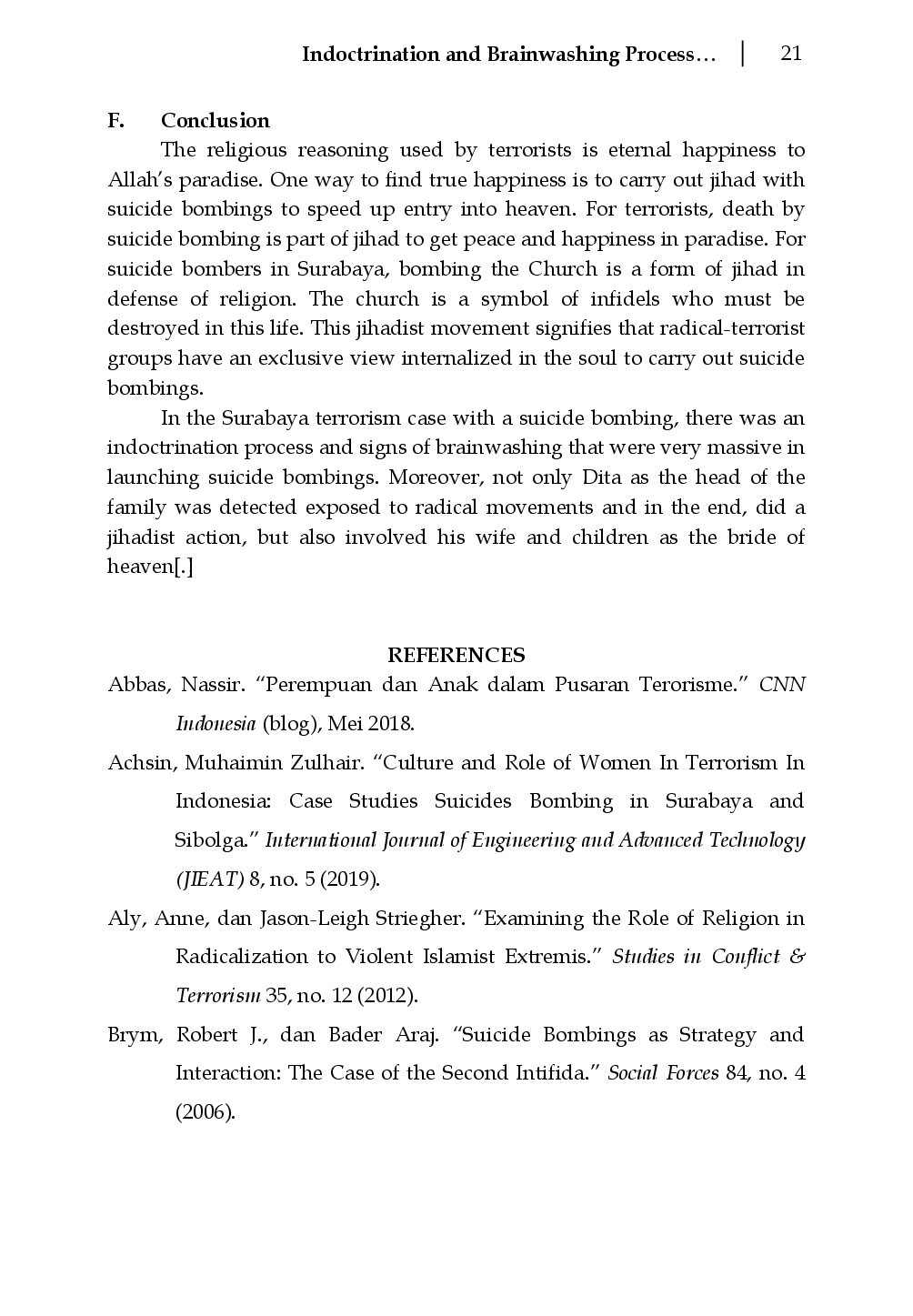 juris Indoctrination and Brainwashing Process in the Case of Terrorism A Psychological Analysis of Family Suicide Bombing in Surabaya East Java