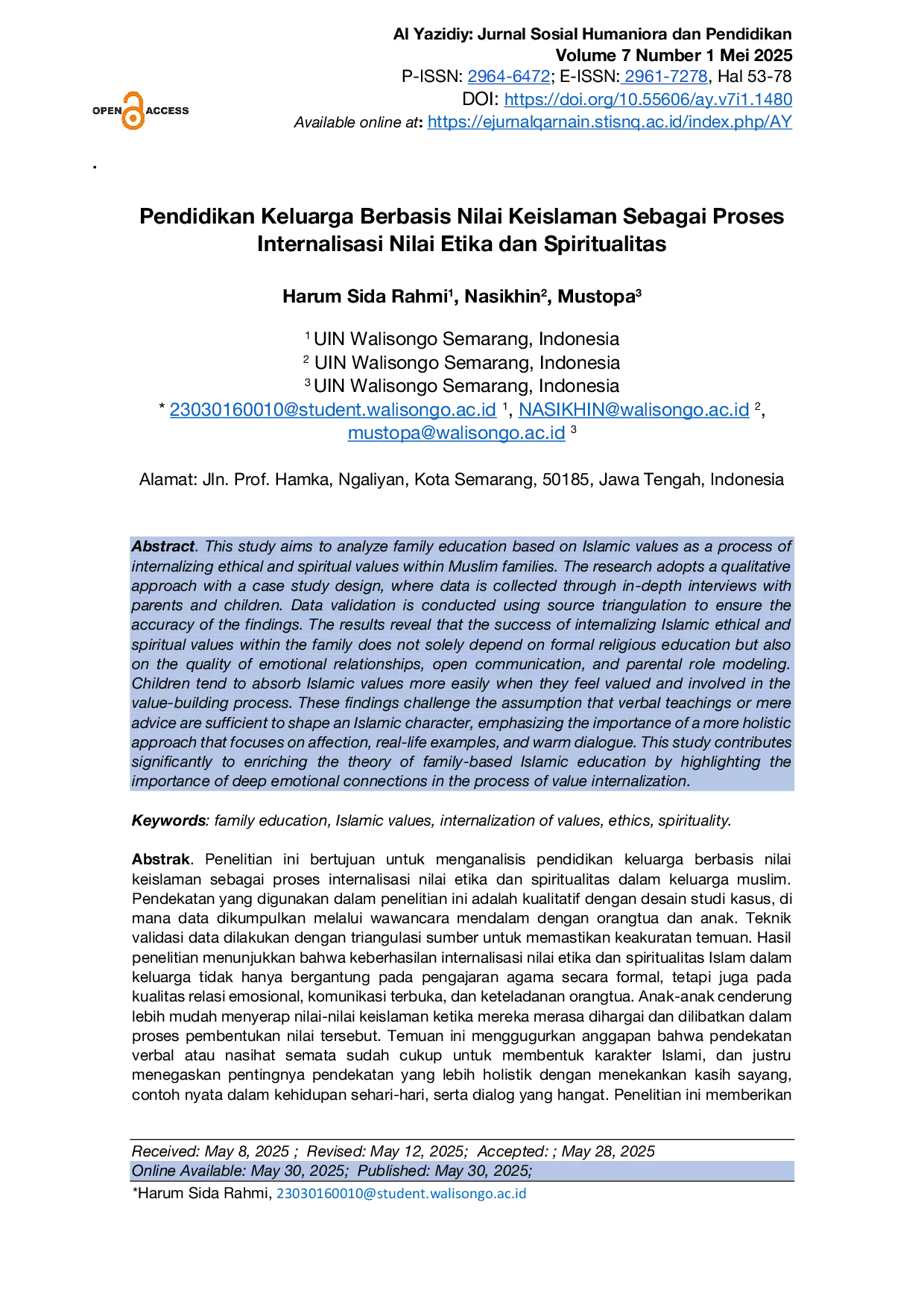 JURIS Pendidikan Keluarga Berbasis Nilai Keislaman Sebagai Proses Internalisasi Nilai Etika dan Spiritualitas