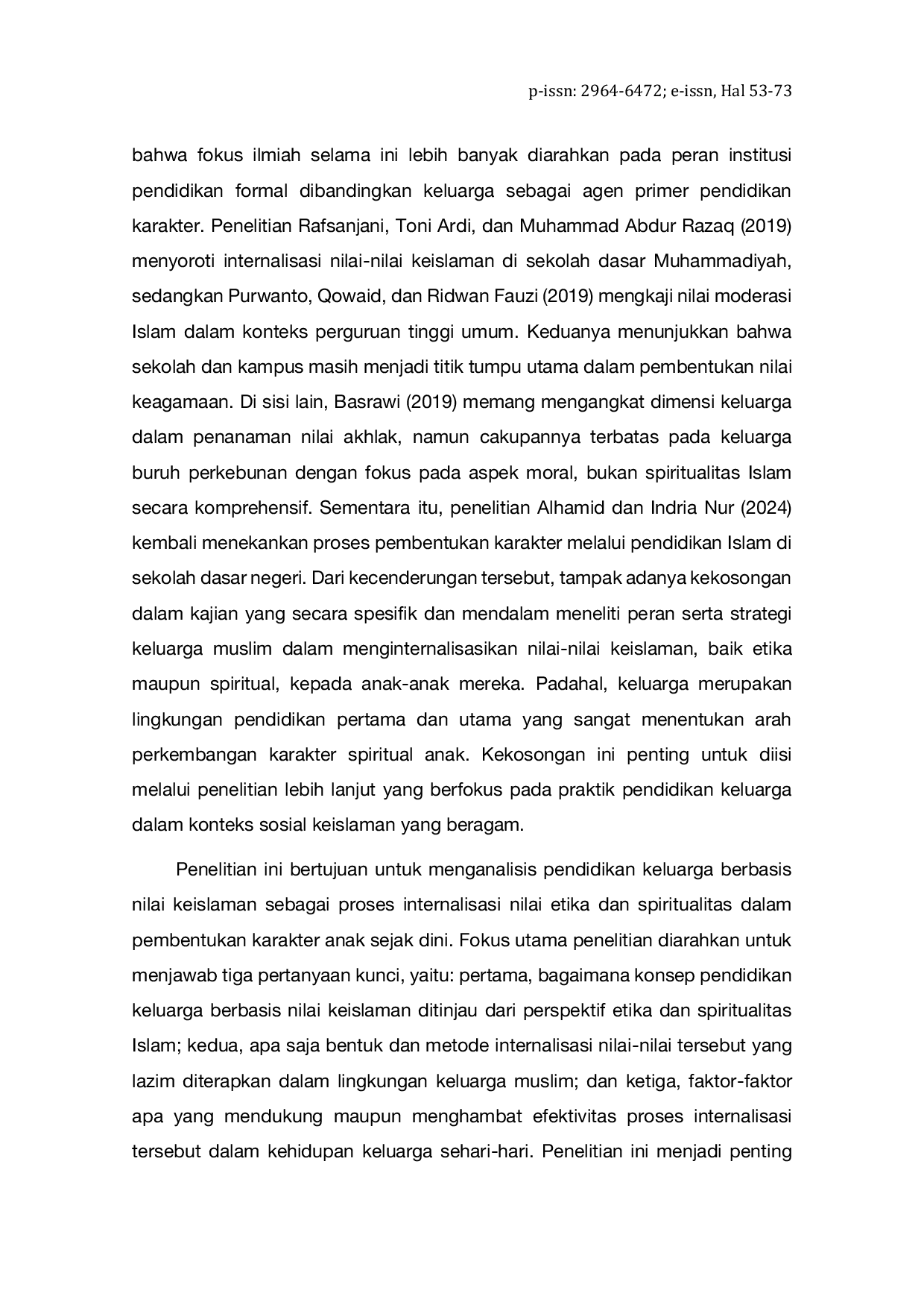 JURIS Pendidikan Keluarga Berbasis Nilai Keislaman Sebagai Proses Internalisasi Nilai Etika dan Spiritualitas