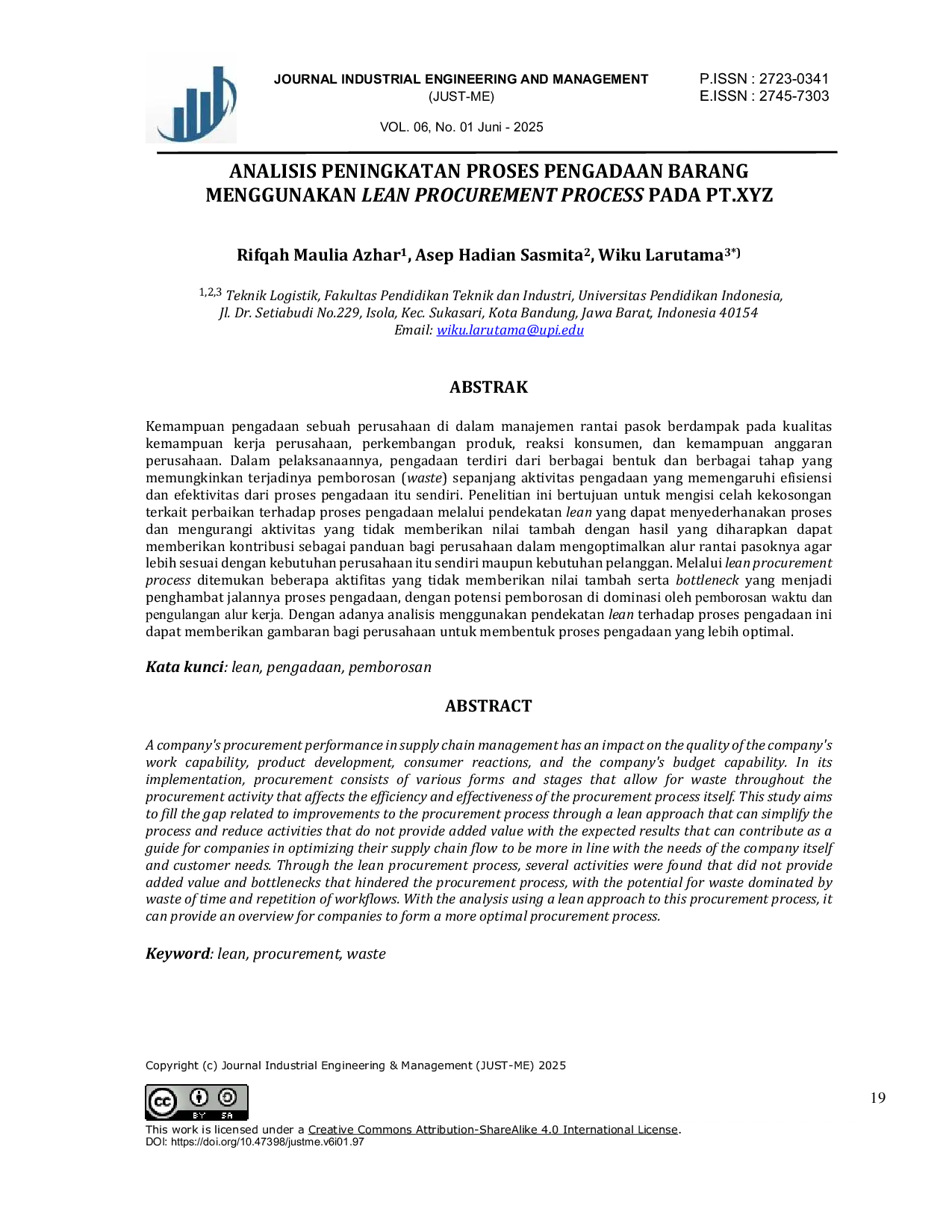 JURIS Analysis of Increasing the Procurement Process Using Lean Procurement Process at PT XYZ
