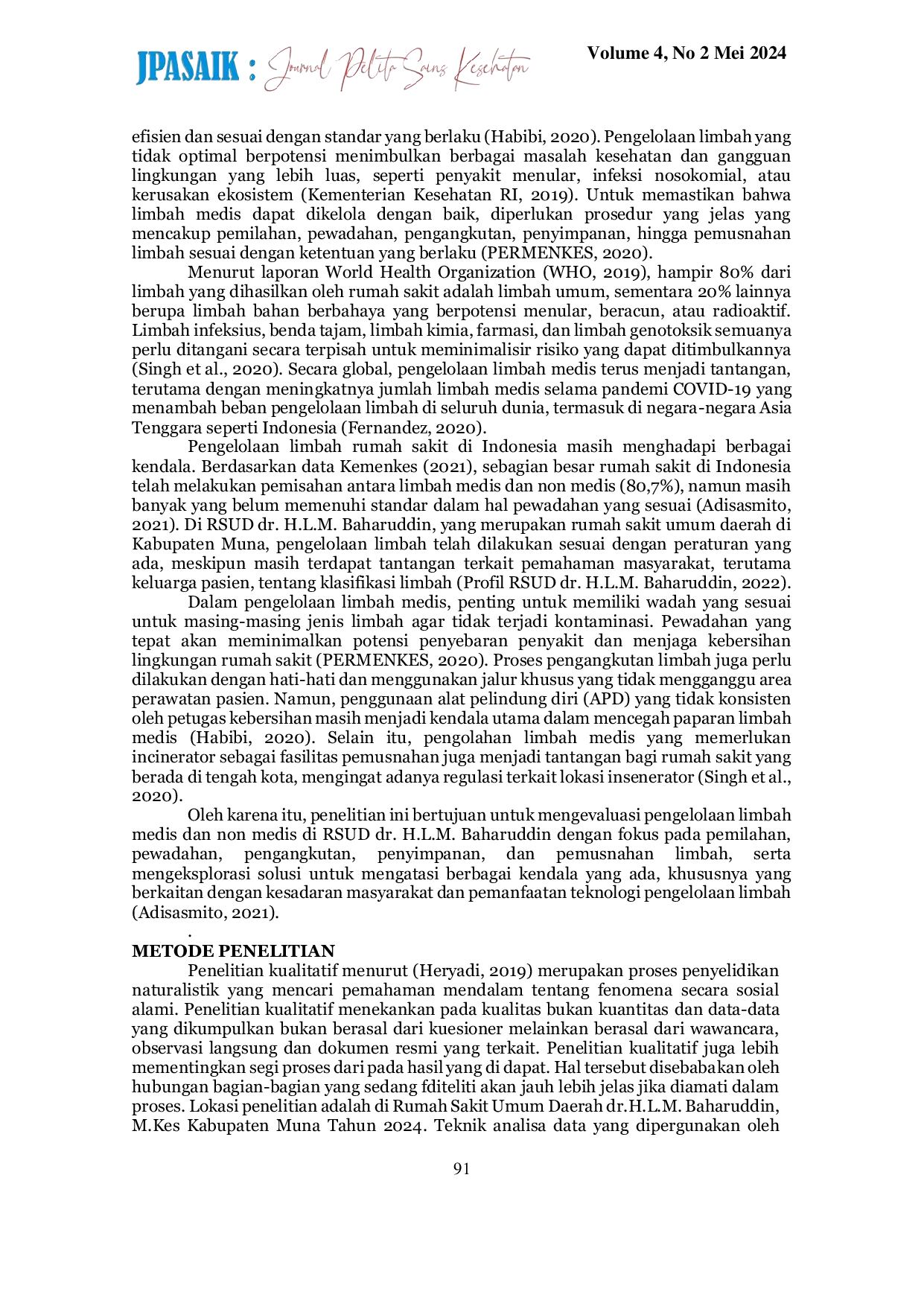 JURIS Evaluasi Pengelolaan Limbah Padat Medis dan Non Medis di Rumah Sakit Umum Daerah dr H L M Baharuddin M Kes Kabupaten Muna Tahun 2024