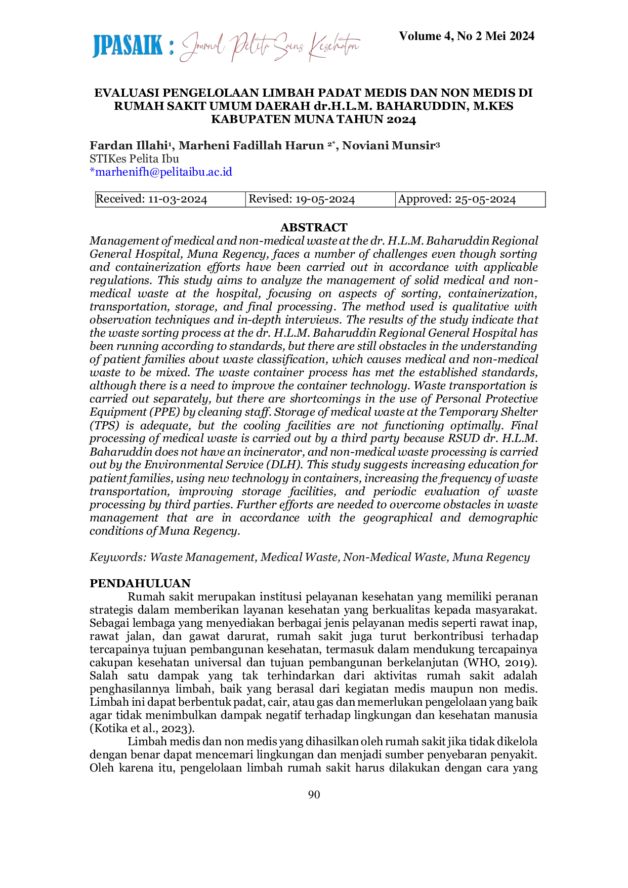 JURIS Evaluasi Pengelolaan Limbah Padat Medis dan Non Medis di Rumah Sakit Umum Daerah dr H L M Baharuddin M Kes Kabupaten Muna Tahun 2024
