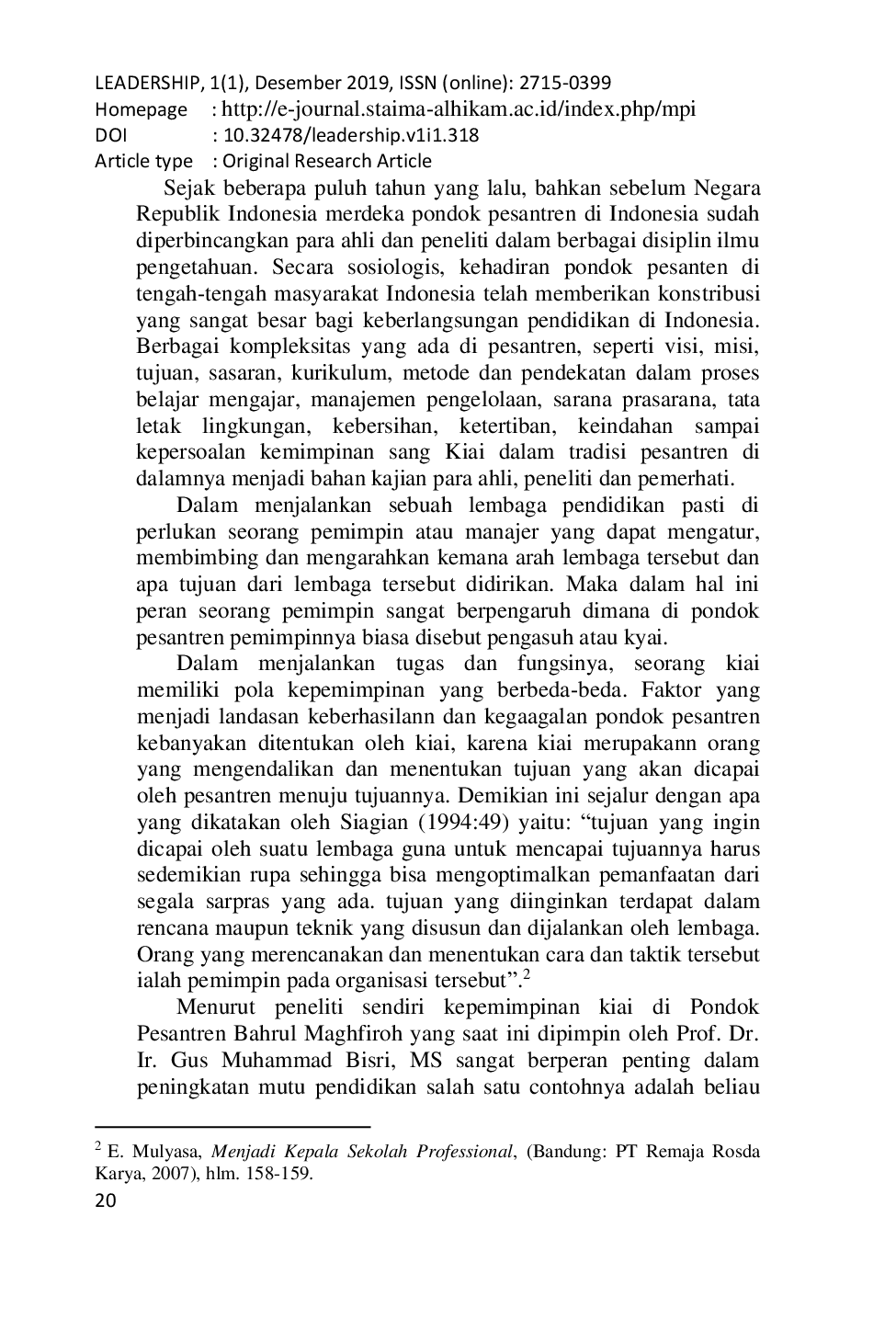 JURIS Peran Kepemimpinan Kiai Dalam Meningkatkan Mutu Pendidikan Studi Kasus Di Pondok Pesantren Bahrul Maghfiroh Kota Malang