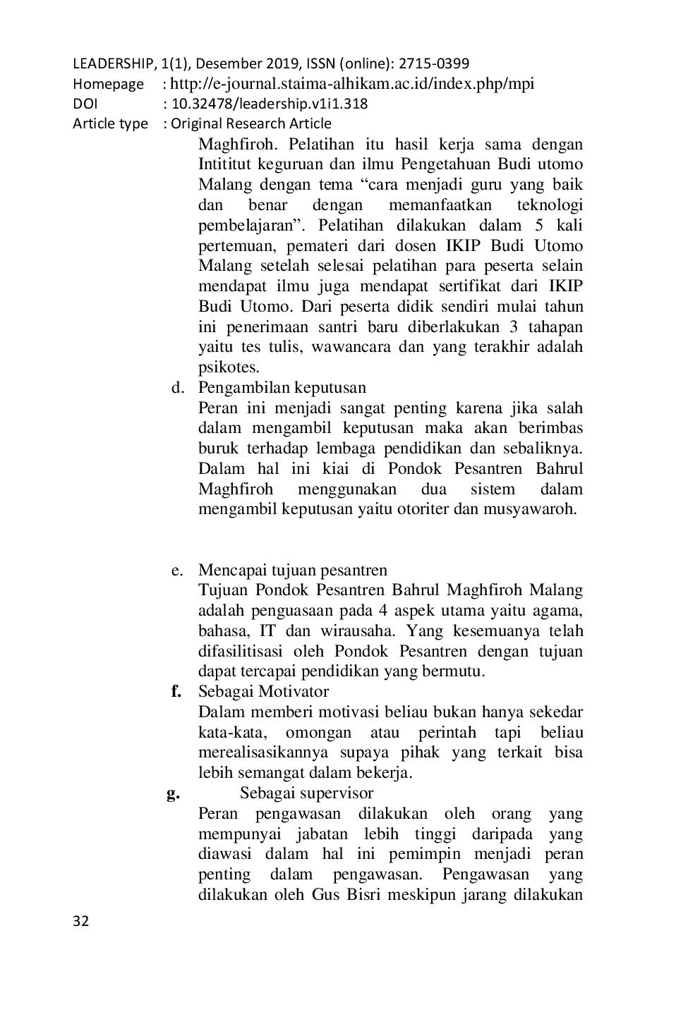 JURIS Peran Kepemimpinan Kiai Dalam Meningkatkan Mutu Pendidikan Studi Kasus Di Pondok Pesantren Bahrul Maghfiroh Kota Malang