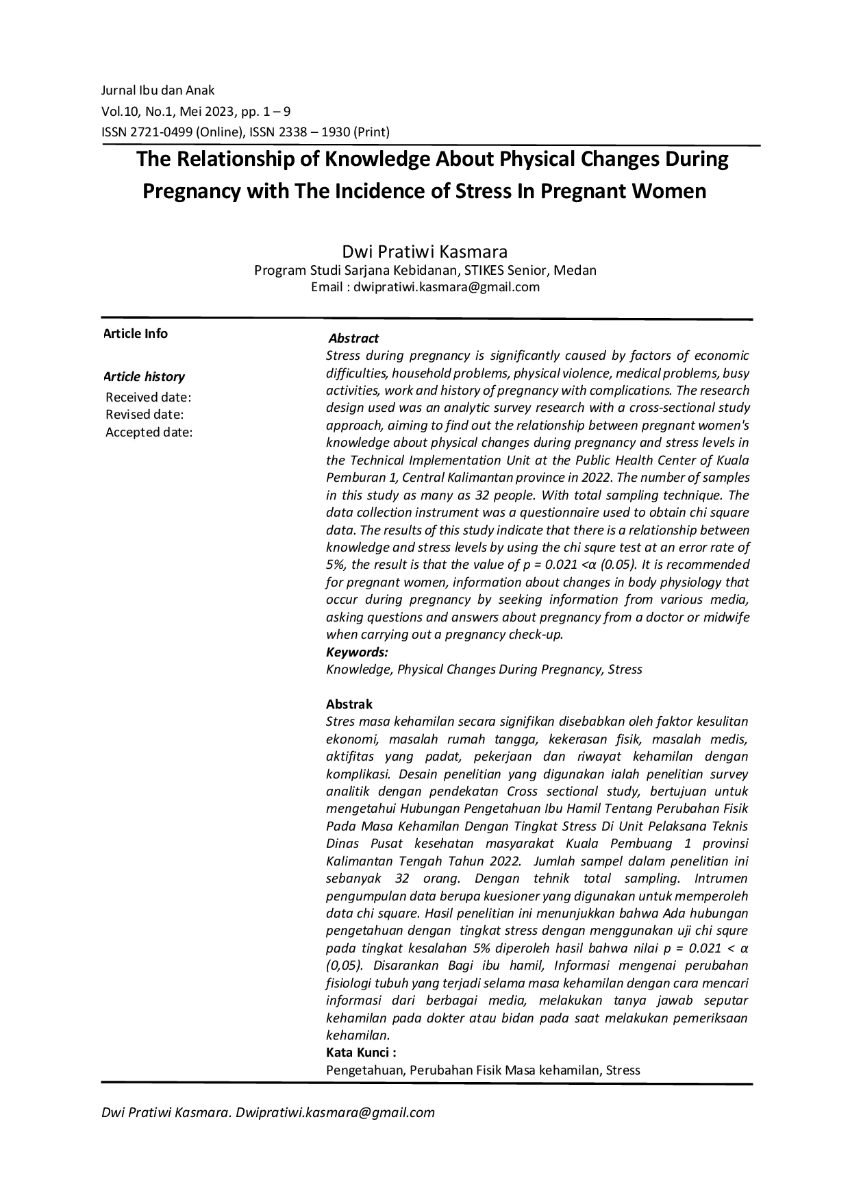 juris The Relationship of Knowledge About Physical Changes During Pregnancy with The Incidence of Stress In Pregnant Women