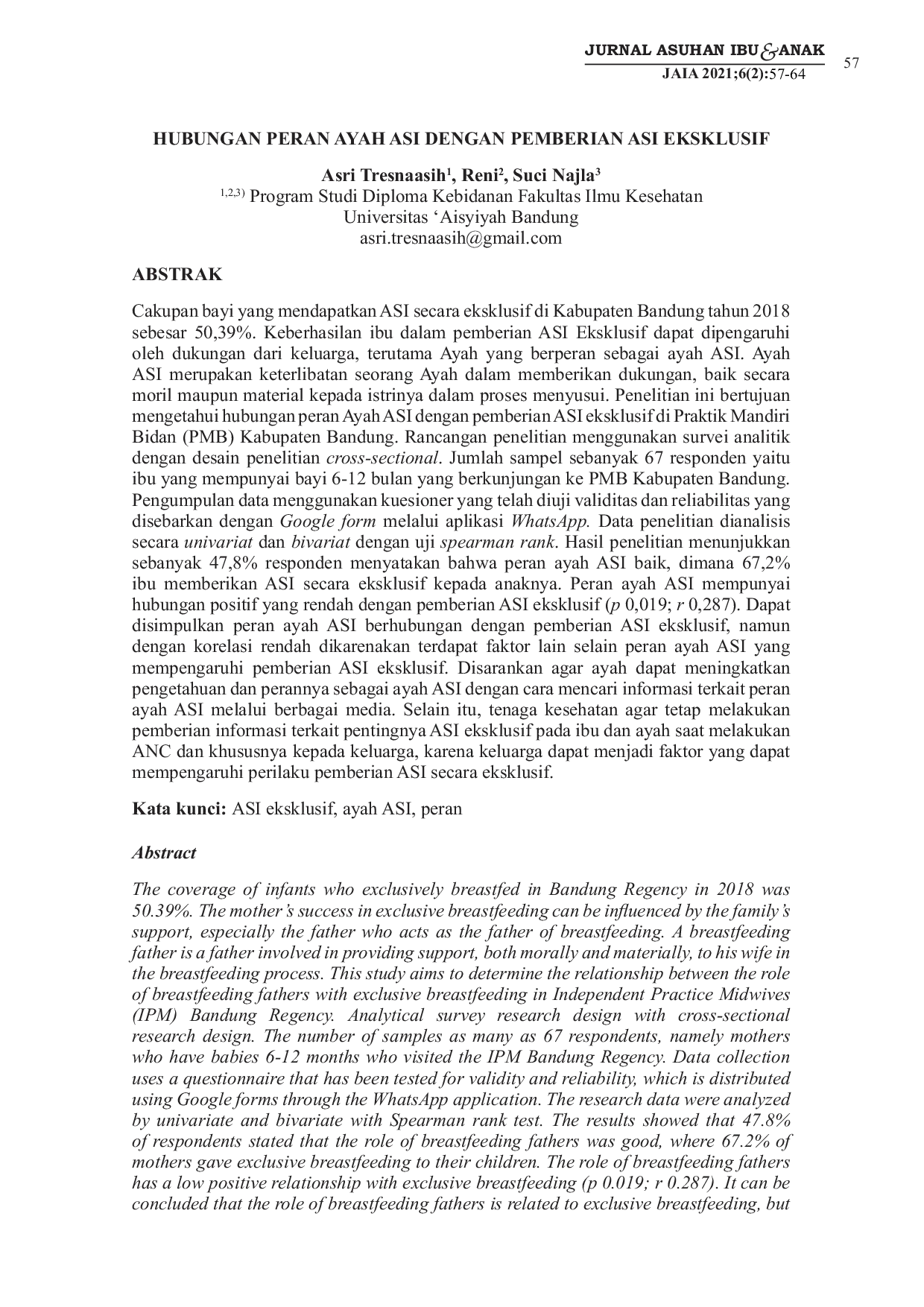 JURIS Hubungan Peran Ayah ASI dengan Pemberian ASI Eksklusif