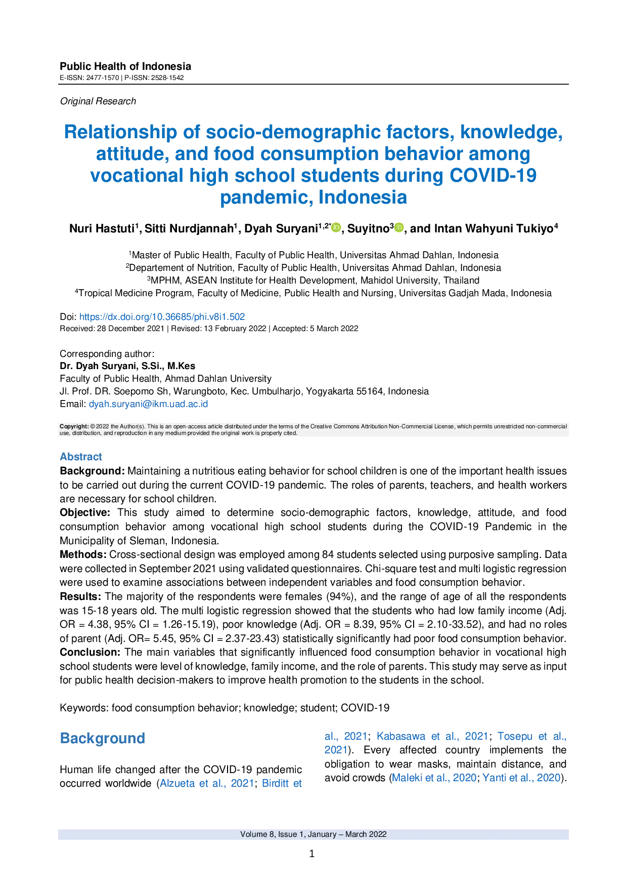 JURIS Relationship of Socio Demographic Factors Knowledge Attitude and Food Consumption Behavior Among Vocational High School Students During COVID 19 Pandemic Indonesia