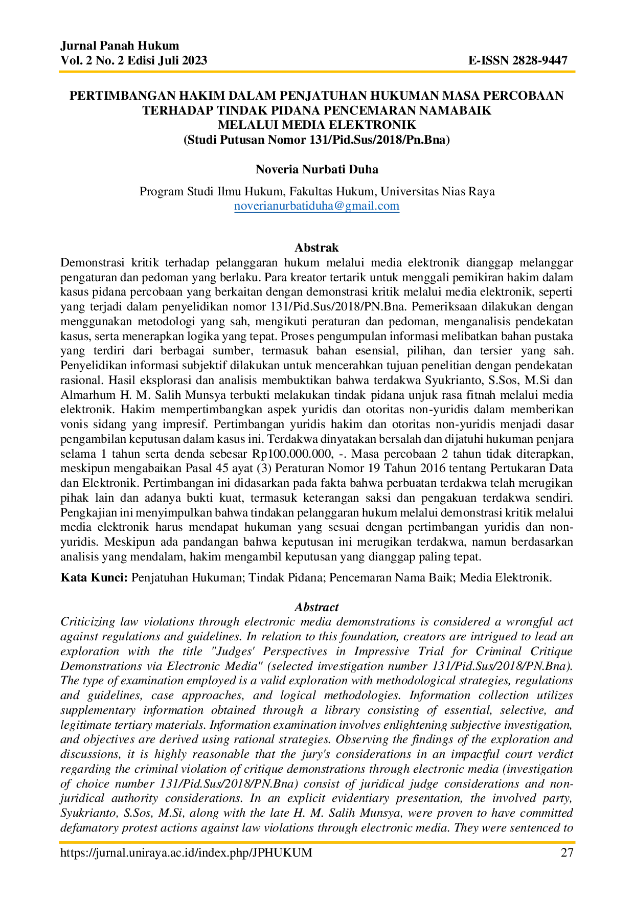 JURIS Pertimbangan Hakim Dalam Penjatuhan Hukuman Masa Percobaan Terhadap Tindak Pidana Pencemaran Nama Baik Melalui Media Elektronik