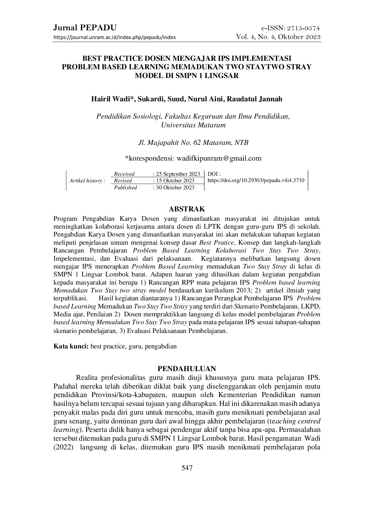 JURIS Best Practice Dosen Mengajar IPS Implementasi Problem Based Learning Memadukan Two Stay Two Stray Model di SMPN 1 Lingsar