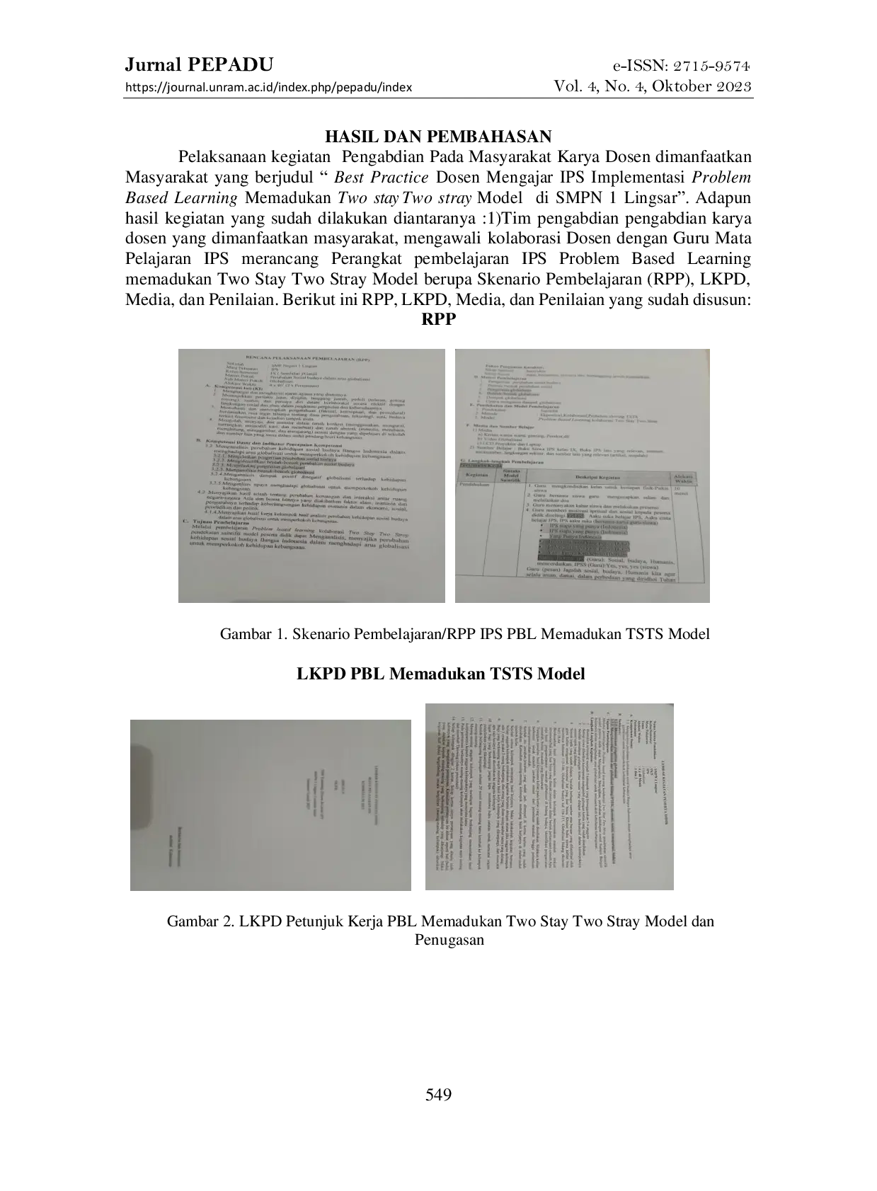 JURIS Best Practice Dosen Mengajar IPS Implementasi Problem Based Learning Memadukan Two Stay Two Stray Model di SMPN 1 Lingsar