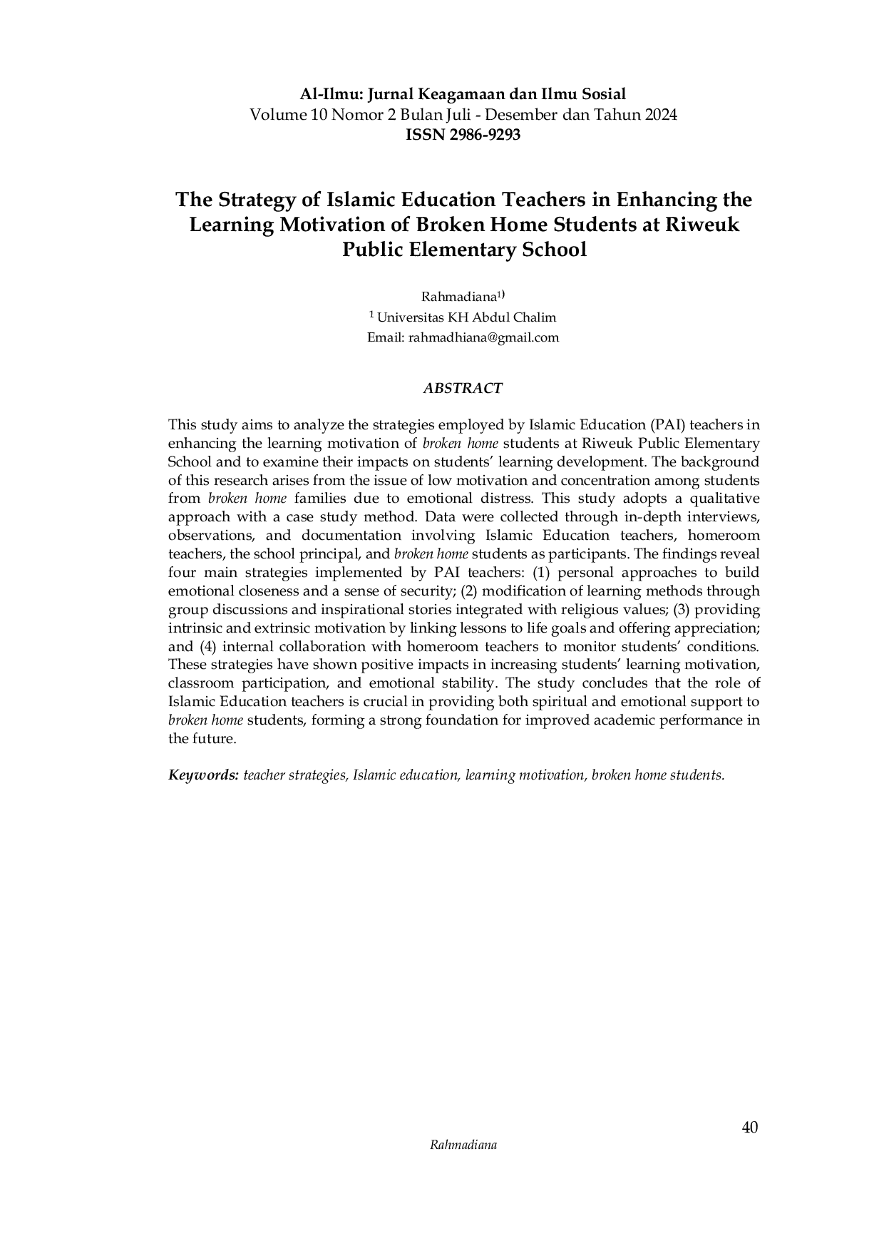 JURIS Strategi Guru Pendidikan Agama Islam untuk Meningkatkan Motivasi Belajar Siswa Broken Home di Sekolah Dasar Negeri Riweuk