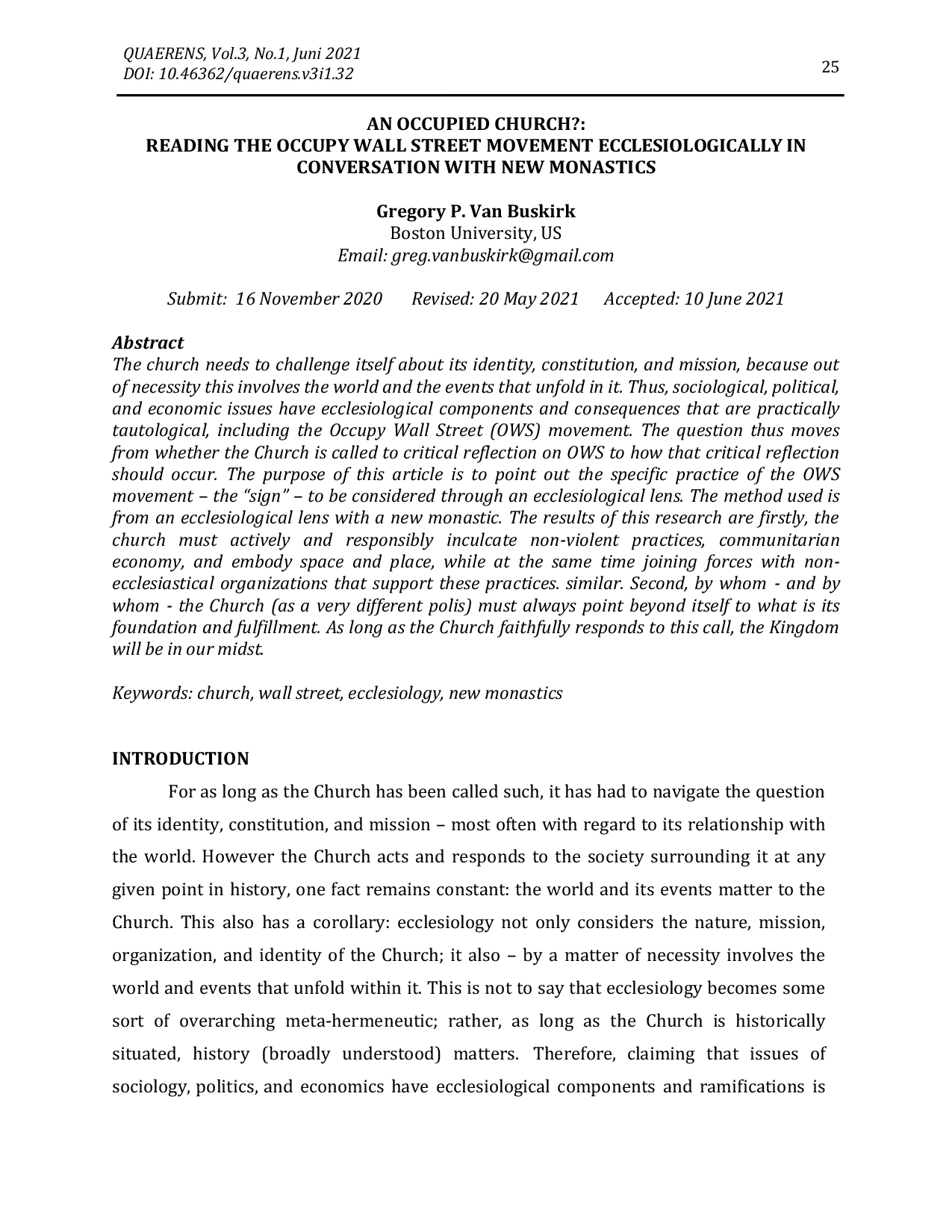 JURIS An Occupied Church Reading The Occupy Wall Street Movement Ecclesiologically In Conversation With New Monastics