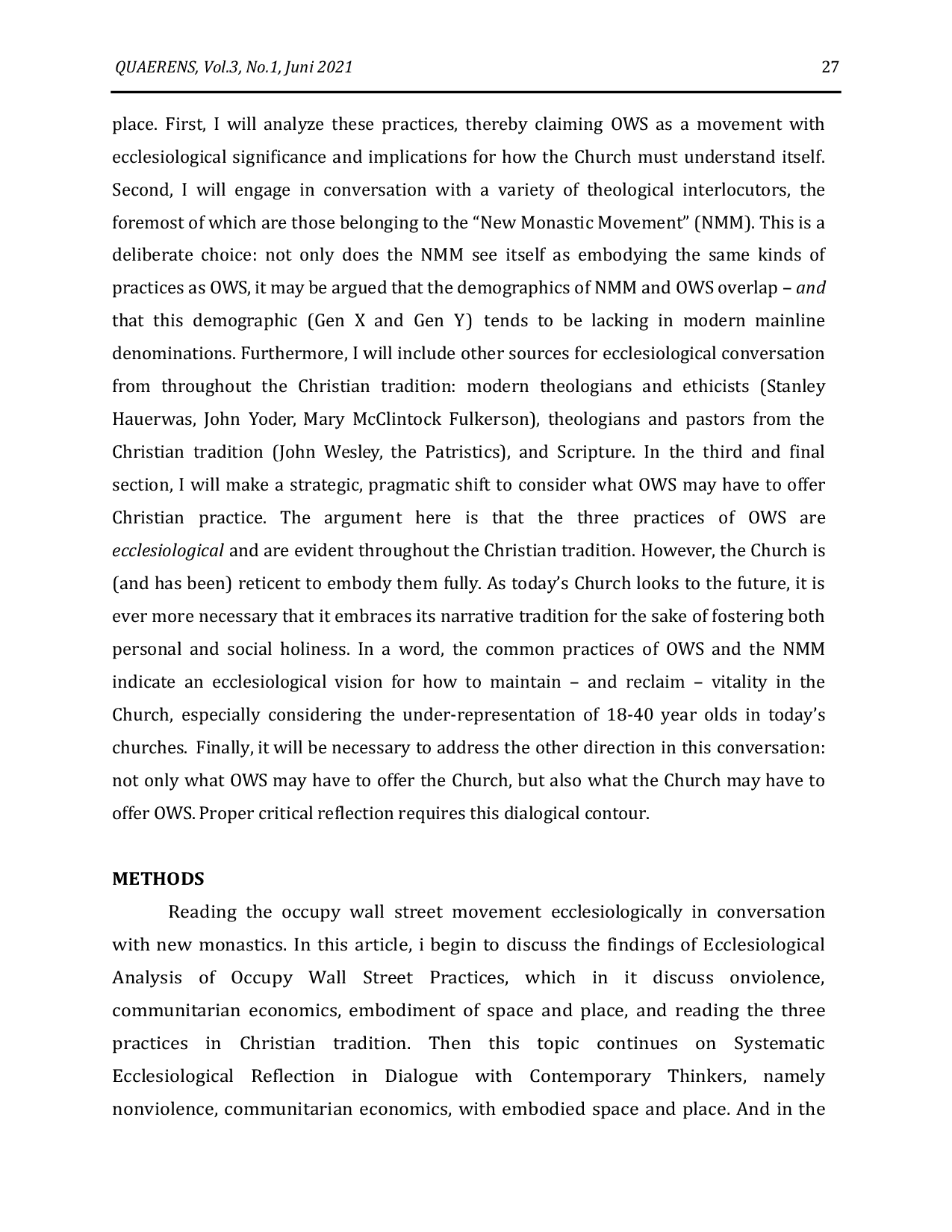 JURIS An Occupied Church Reading The Occupy Wall Street Movement Ecclesiologically In Conversation With New Monastics
