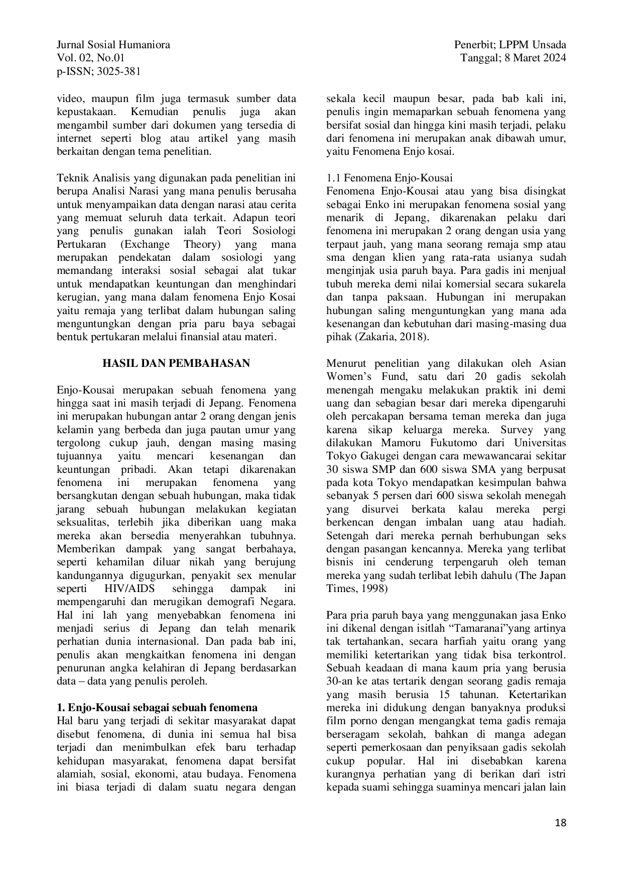 JURIS Fenomena Enjo Kosai Dikalangan Remaja Putri dan Kaitannya Dengan Penurunan Jumlah Kelahiran Di Jepang