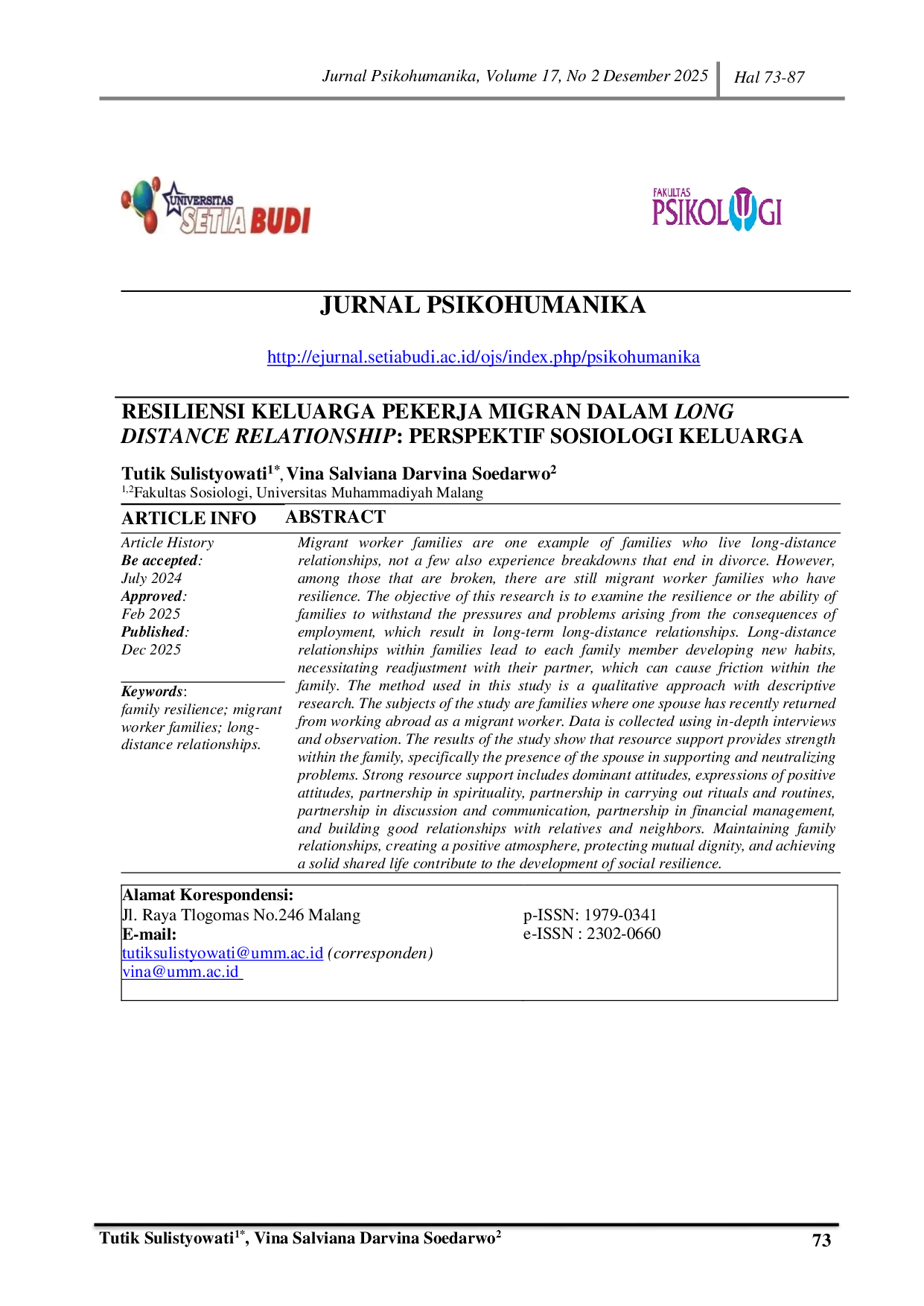 JURIS Resiliensi Keluarga Pekerja Migran dalam Long Distance Relationship Perspektif Sosiologi Keluarga