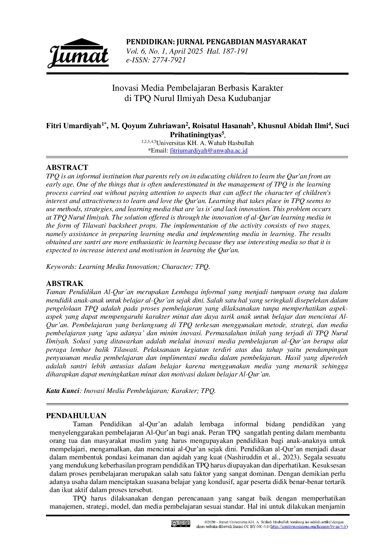 JURIS Inovasi Media Pembelajaran Berbasis Karakter di TPQ Nurul Ilmiyah Desa Kudubanjar