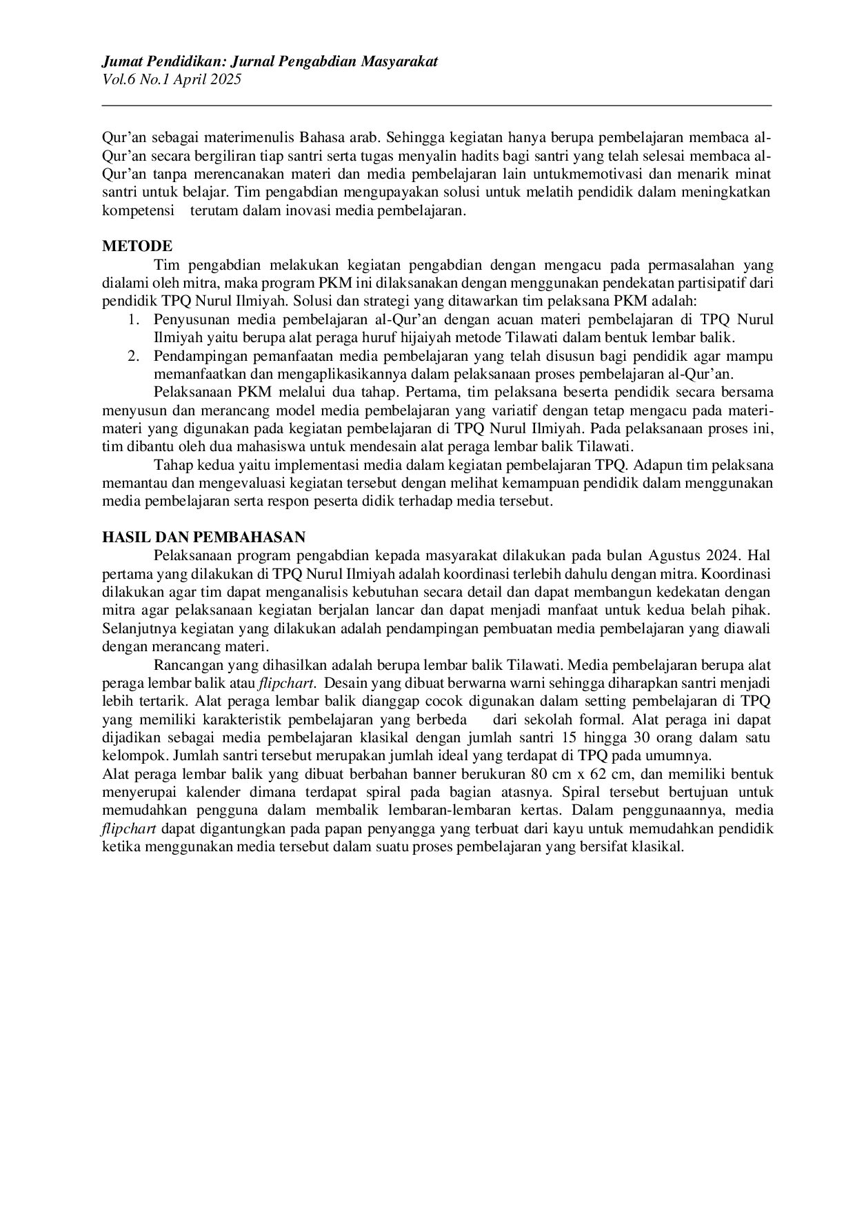 JURIS Inovasi Media Pembelajaran Berbasis Karakter di TPQ Nurul Ilmiyah Desa Kudubanjar