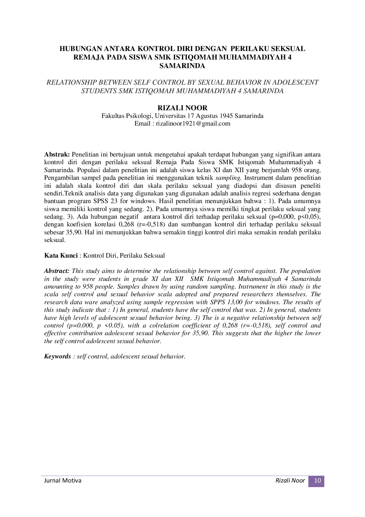 JURIS Hubungan Antara Kontrol Diri Dengan Perilaku Seksual Remaja Pada Siswa SMK Istiqomah Muhammadiyah 4 Samarinda