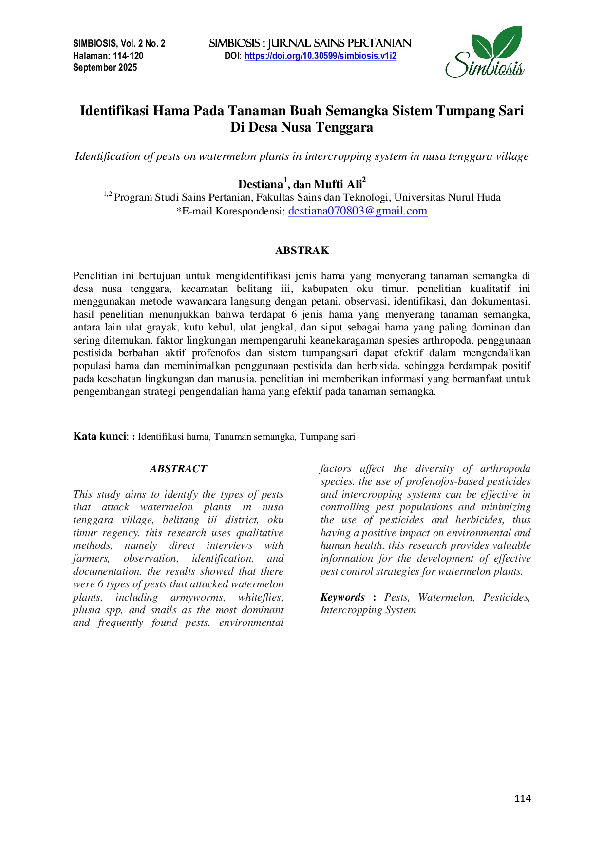 JURIS Identifikasi Hama Pada Tanaman Buah Semangka Sistem Tumpang Sari Di Desa Nusa Tenggara