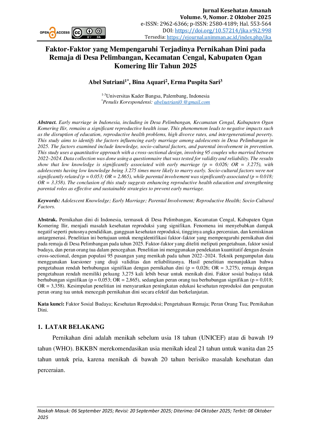 JURIS Faktor Faktor Yang Mempengaruhi Terjadinya Pernikahan Dini Pada Remaja Di Desa Pelimbangan Kecamatan Cengal Kabupaten Ogan Komering Ilir Tahun 2025