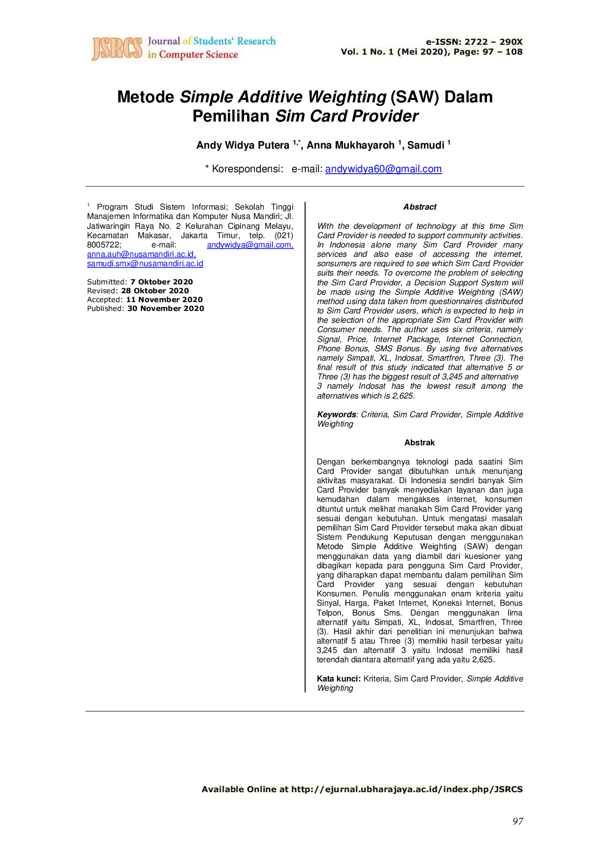 JURIS Metode Simple Additive Weighting SAW Dalam Pemilihan Sim Card Provider
