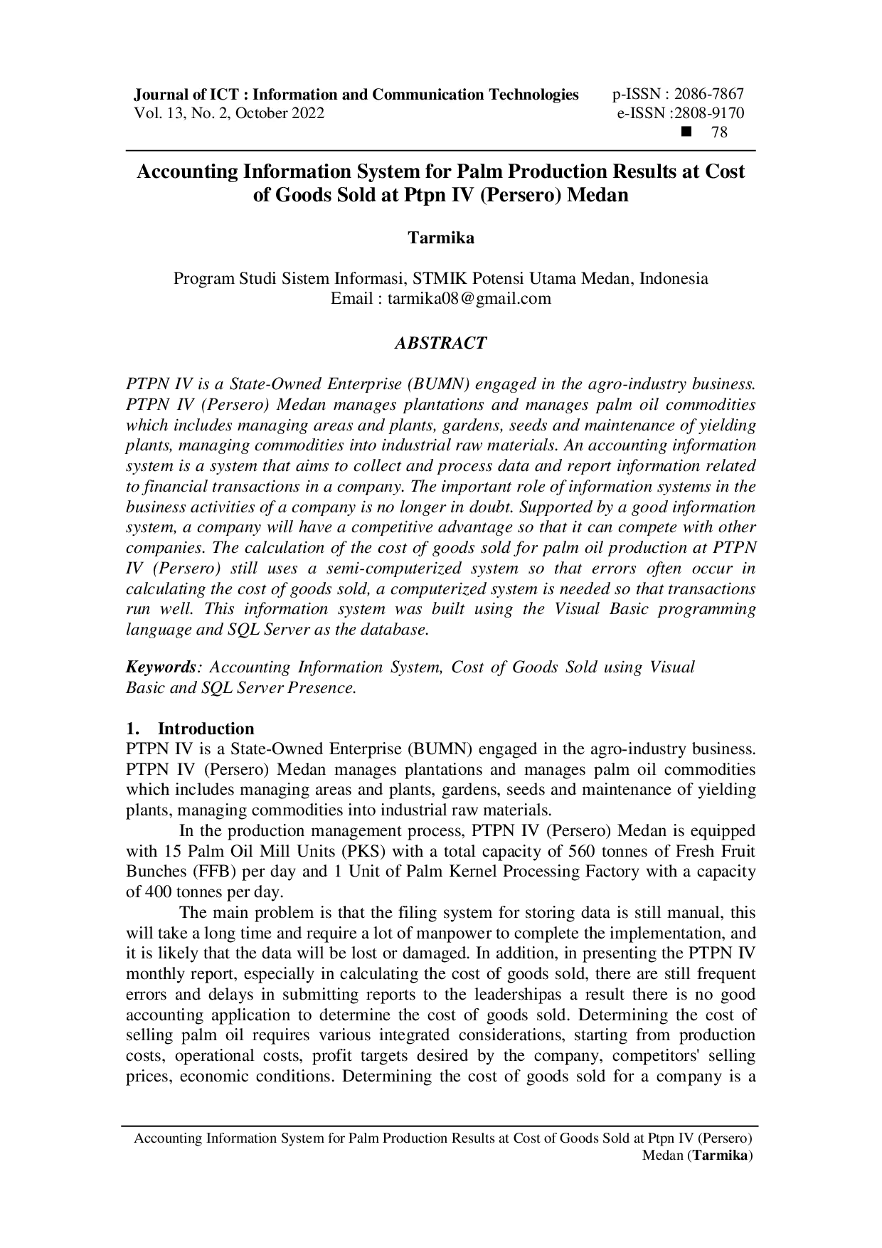 juris Accounting Information System for Palm Production Results at Cost of Goods Sold at Ptpn IV Persero Medan