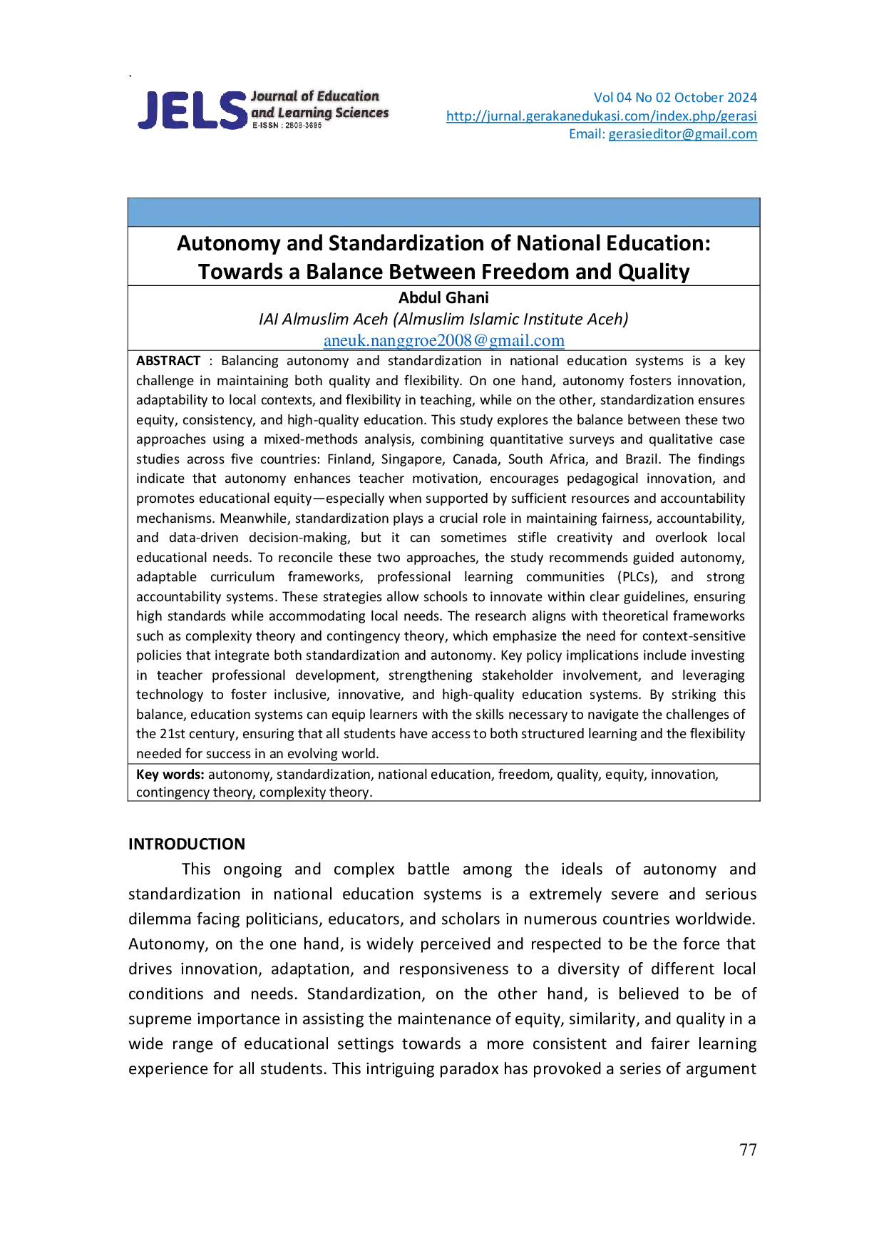 JURIS Autonomy and Standardization of National Education Towards a Balance Between Freedom and Quality