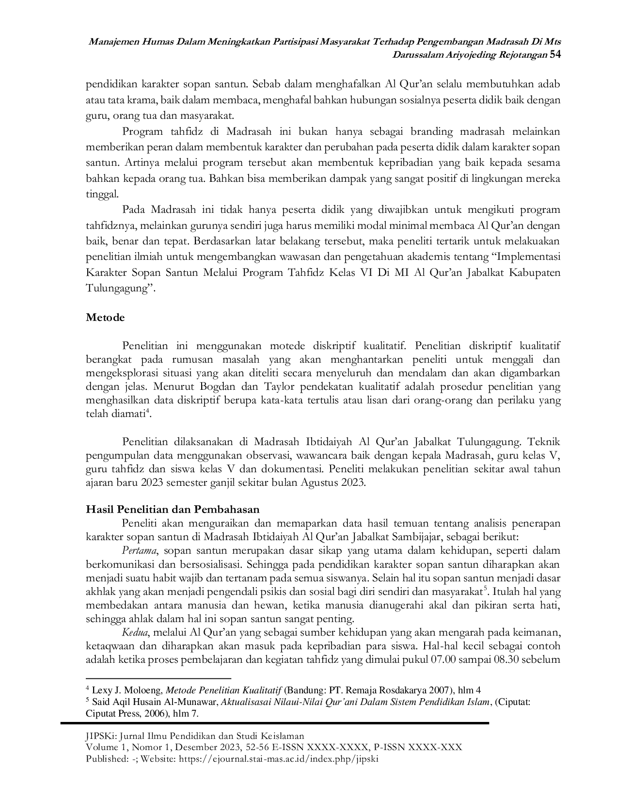 JURIS Implementasi Karakter Sopan Santun Melalui Program Tahfidz Kelas VI di MI Al Qur an Jabalkat Tulungagung