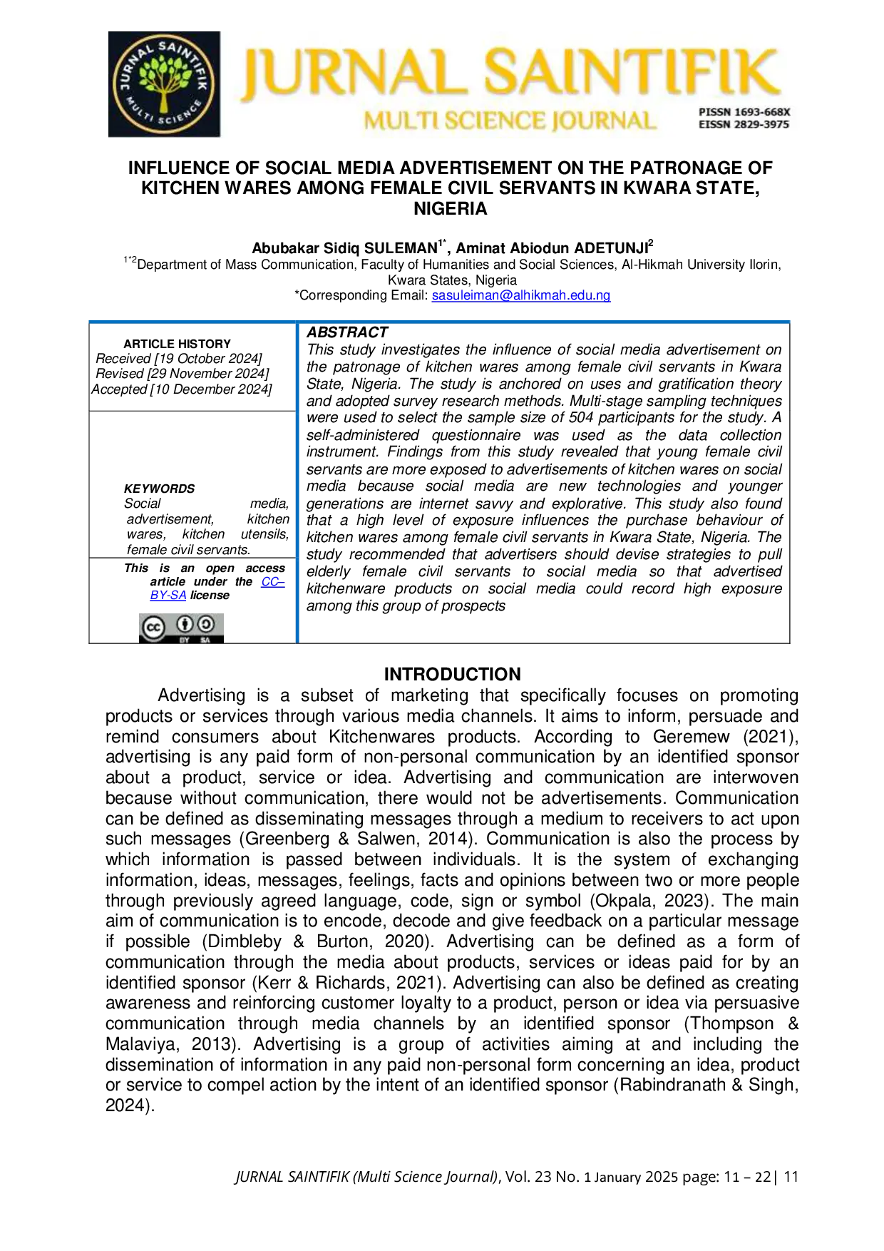 JURIS Pengaruh Iklan Media Sosial Terhadap Pembelian Peralatan Dapur Di Kalangan Pegawai Negeri Perempuan Di Negara Bagian Kwara Nigeria