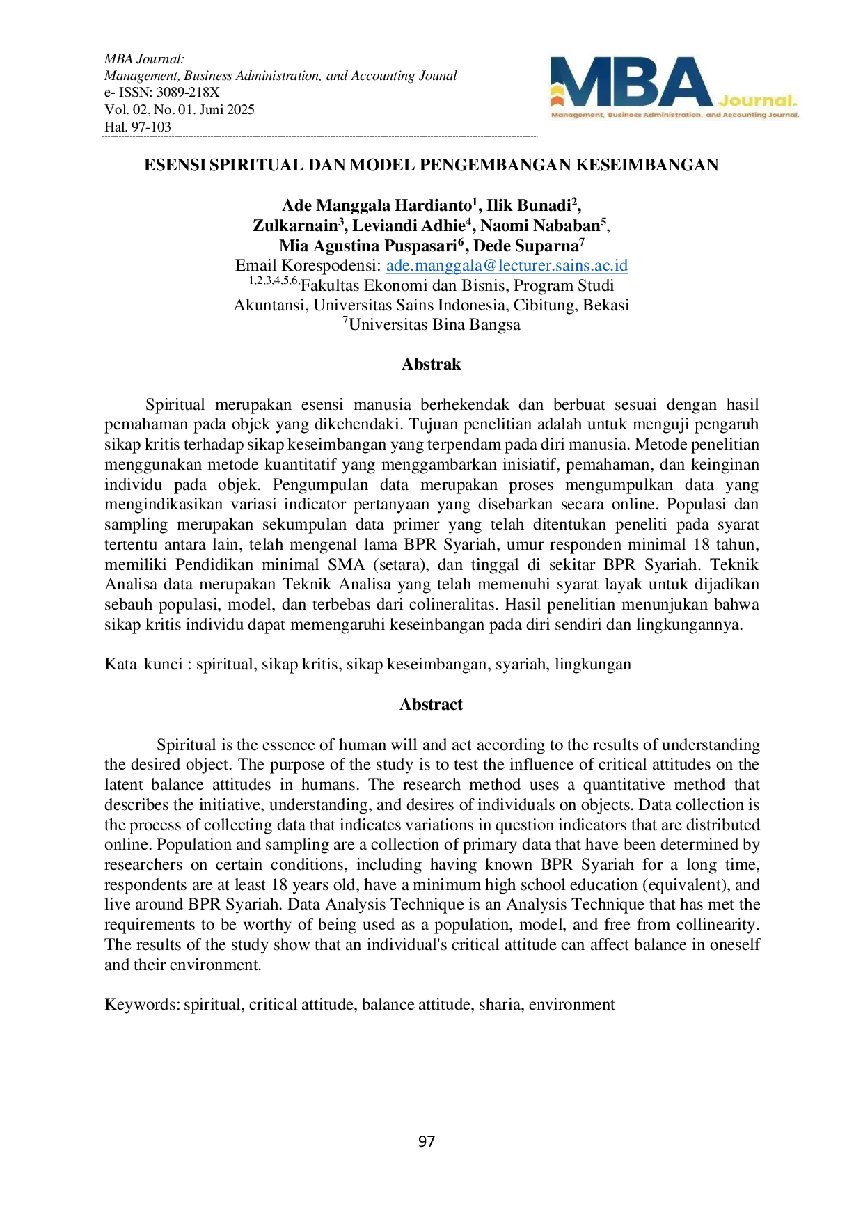 juris Esensi Spiritual Dan Model Pengembangan Keseimbangan