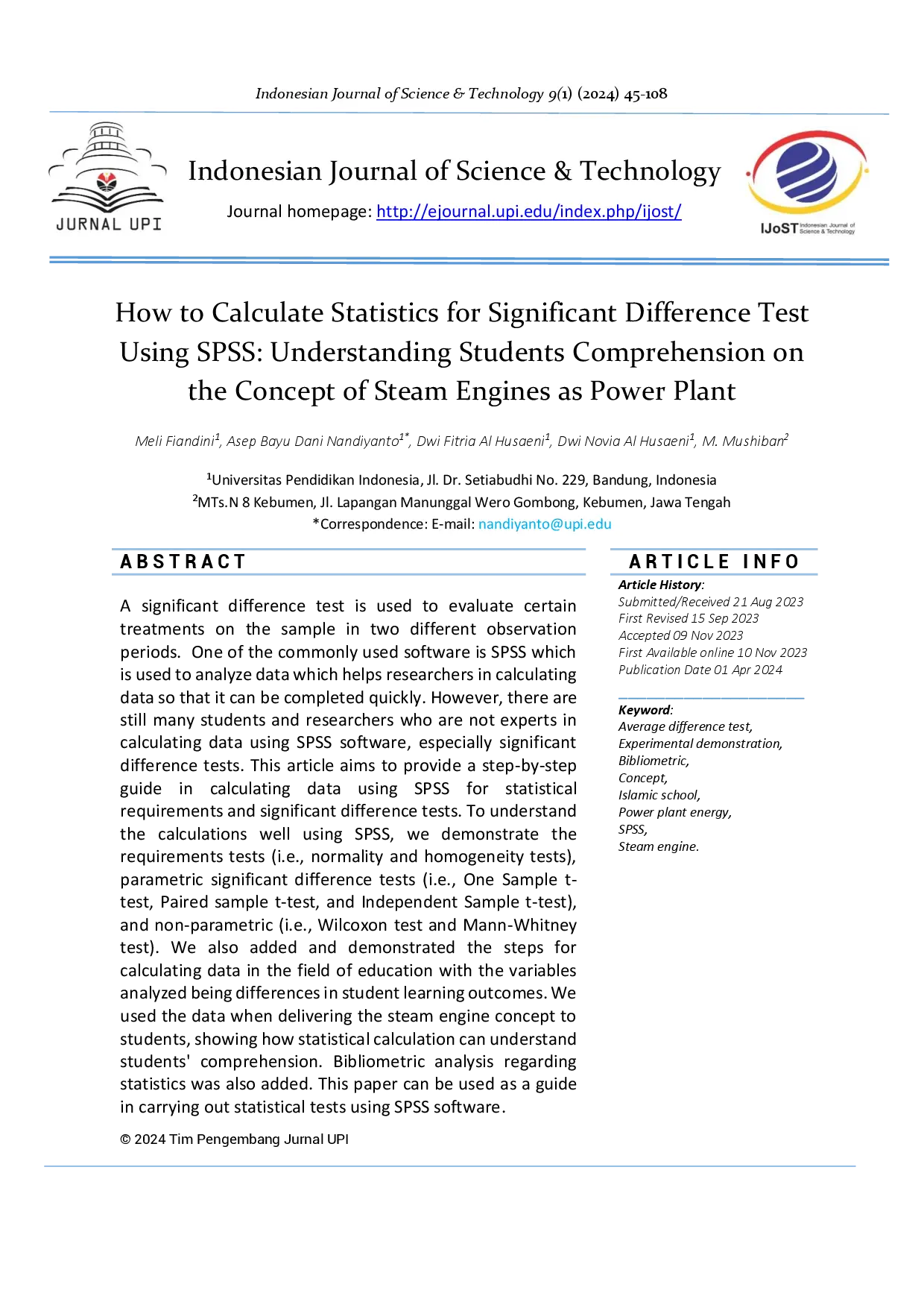juris How to Calculate Statistics for Significant Difference Test Using SPSS Understanding Students Comprehension on the Concept of Steam Engines as Power Plant